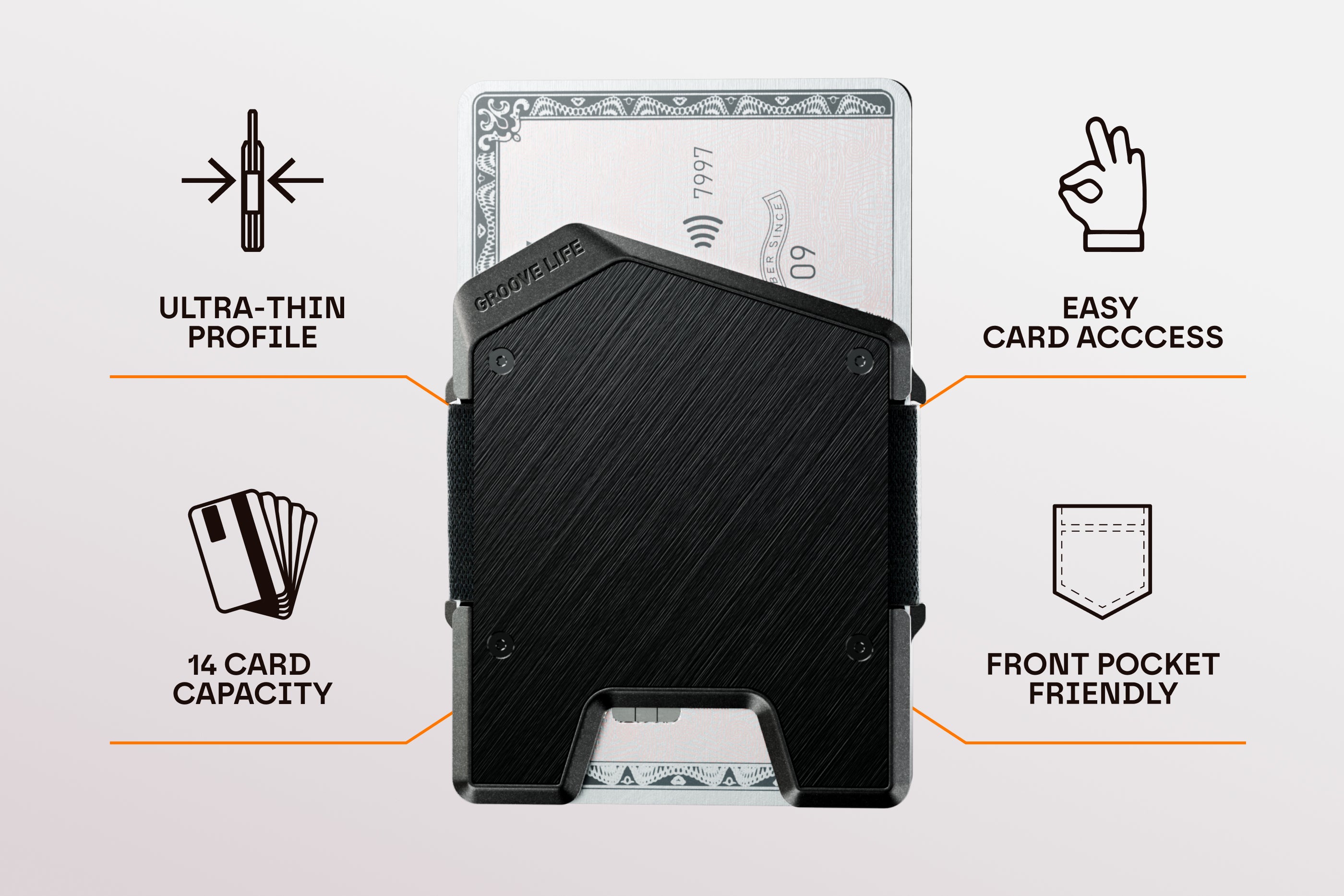 Thin wallet with features highlighted on a light gray background