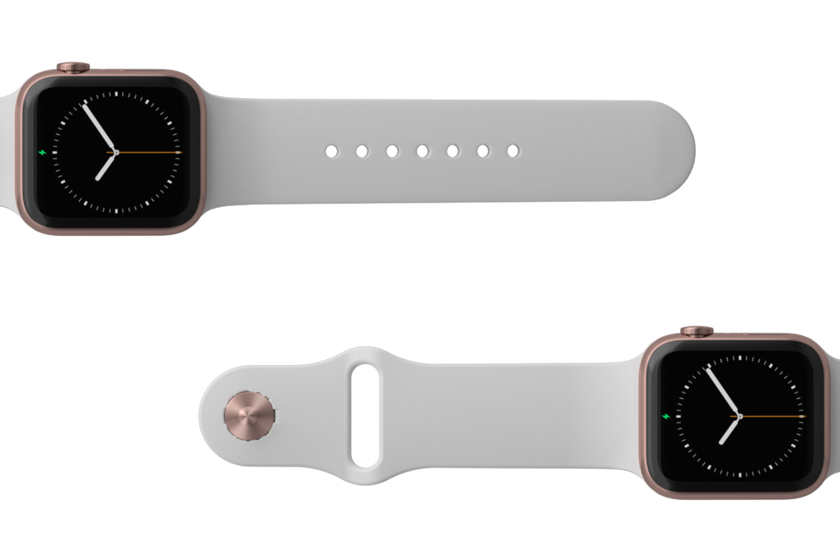Solid White Apple watch band with rose gold hardware viewed top down