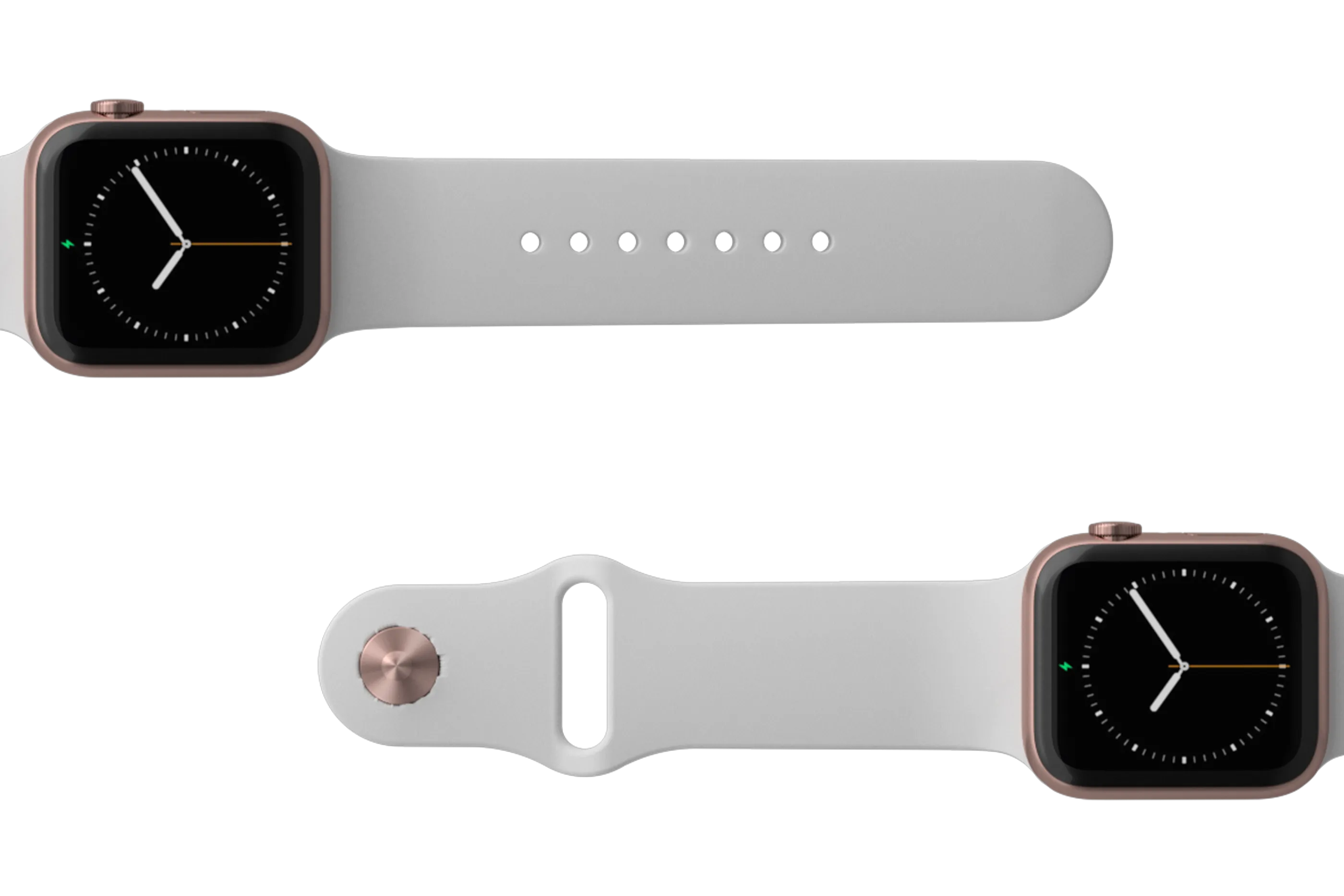 Solid White Apple watch band with rose gold hardware viewed top down