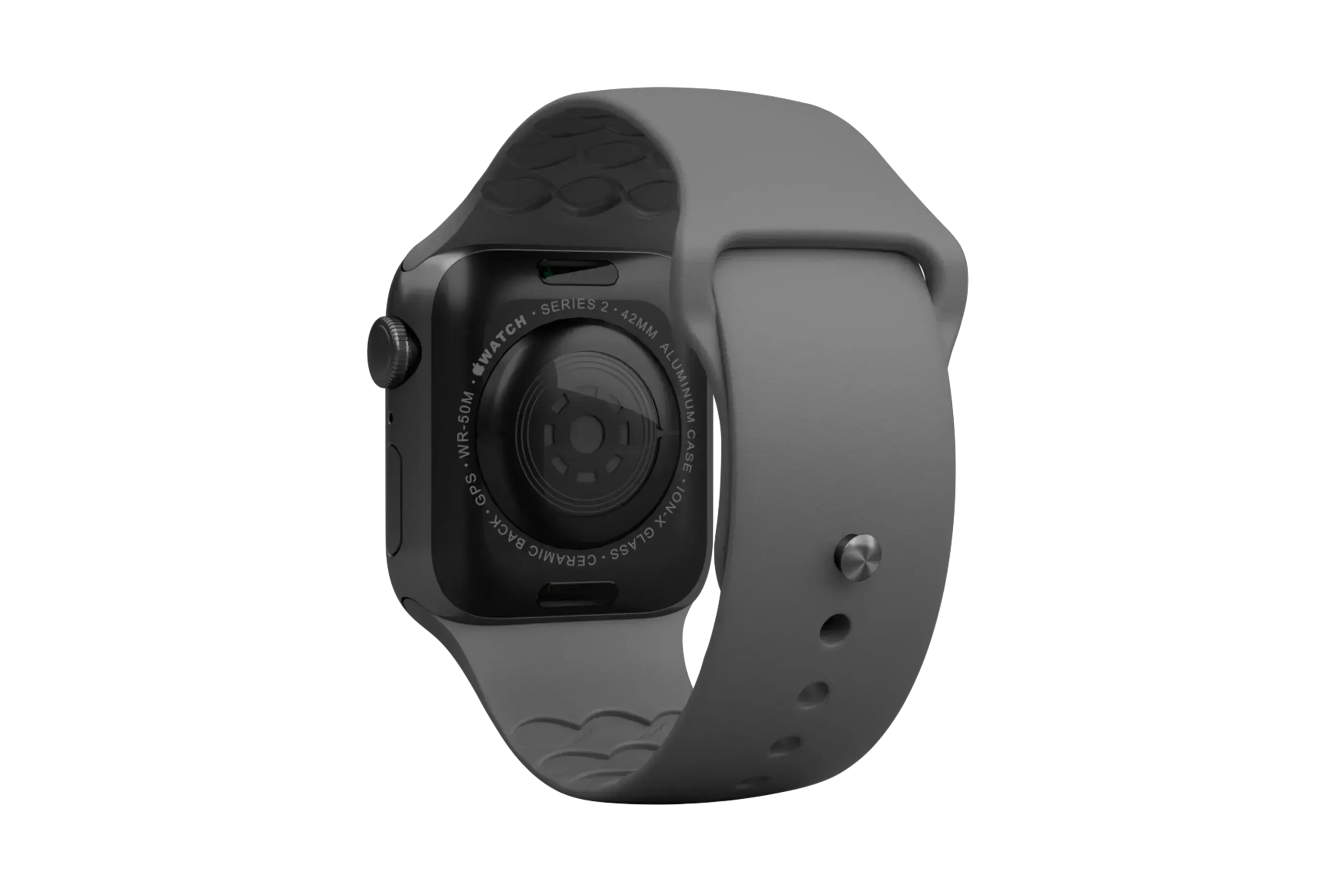 Solid Deep Stone Grey apple watch band with silver hardware viewed from rear