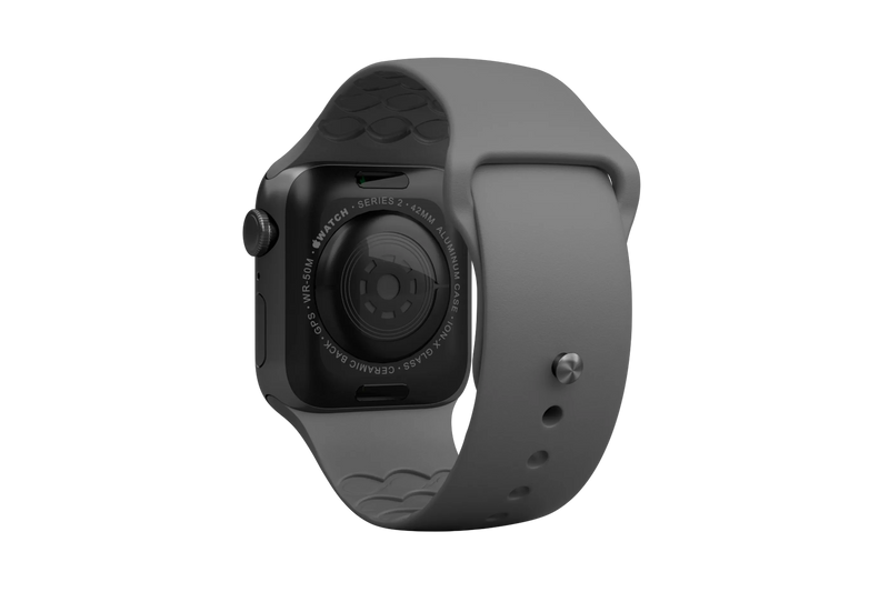 Solid Deep Stone Grey apple watch band with silver hardware viewed from rear