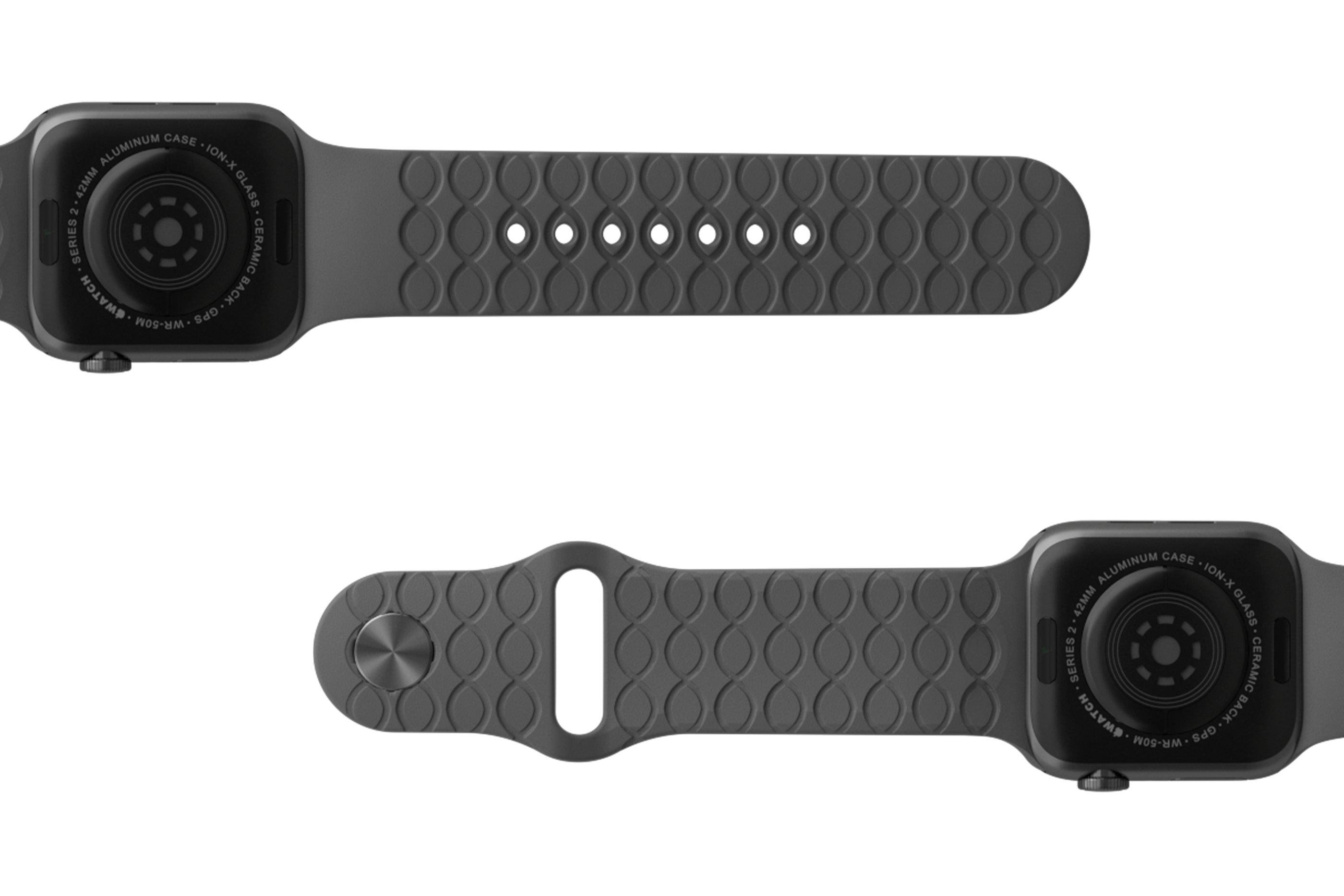Solid Deep Stone Grey Apple watch band with gray hardware viewed bottom up