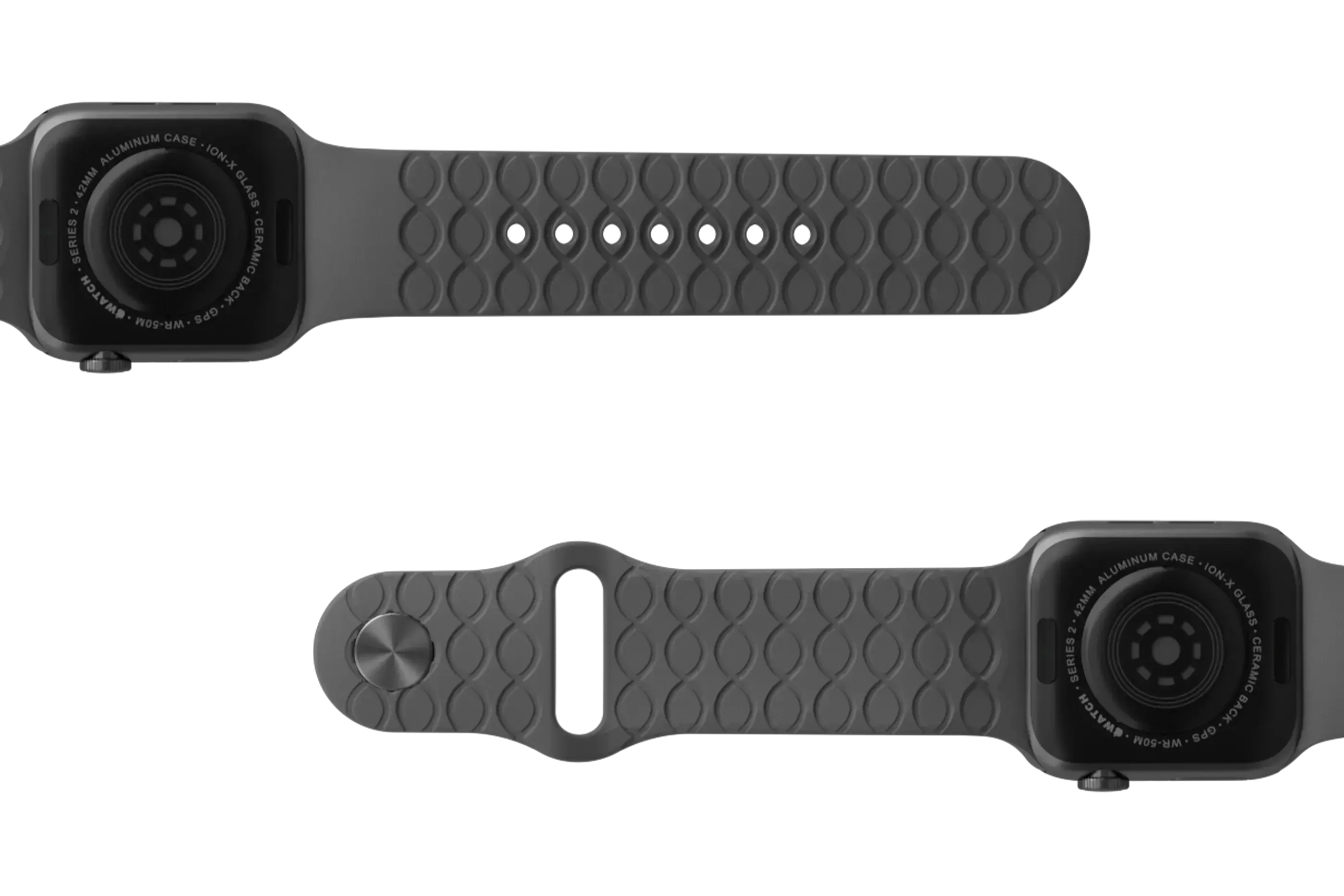 Solid Deep Stone Grey Apple watch band with gray hardware viewed bottom up