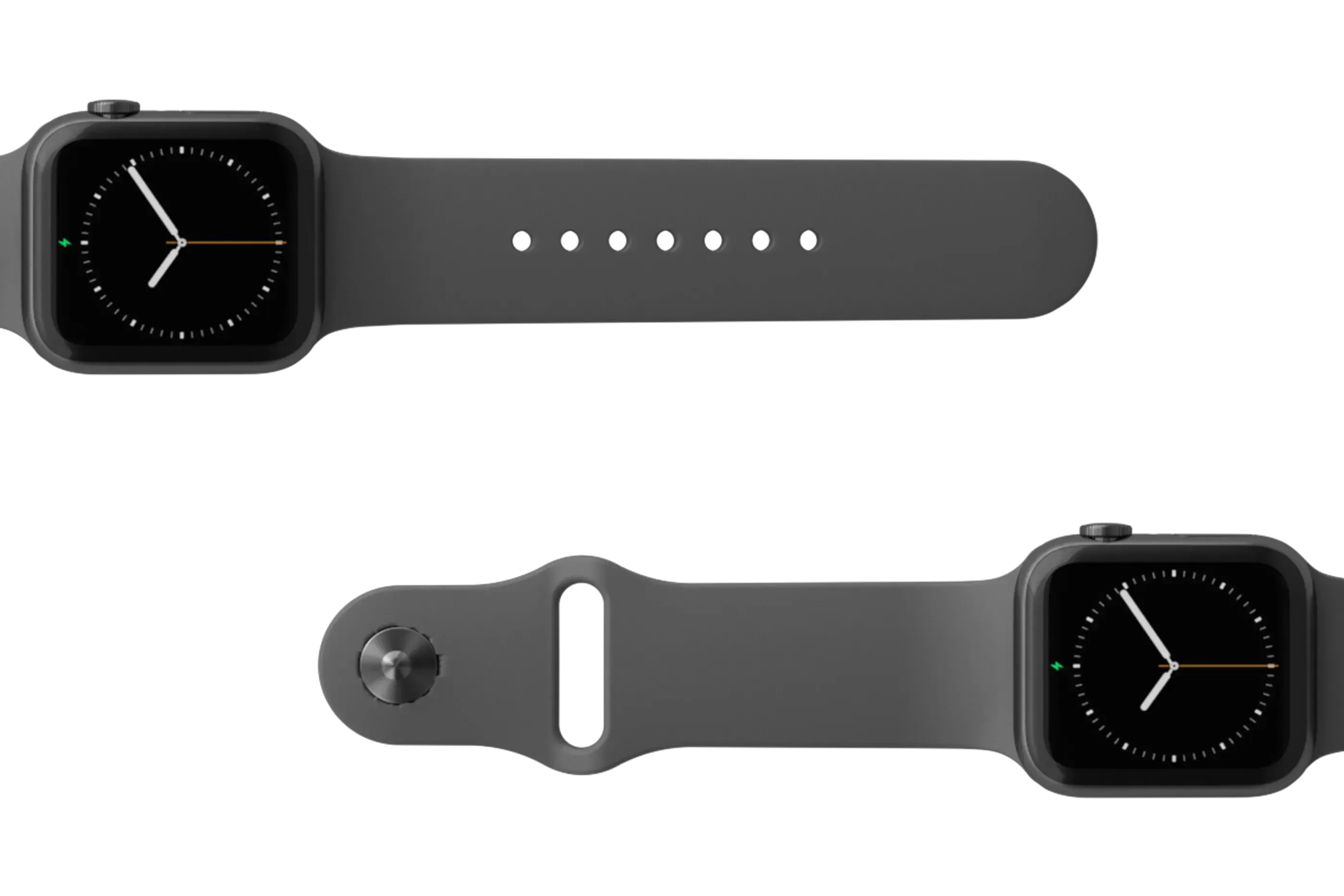 Solid Deep Stone Grey Apple watch band with gray hardware viewed top down