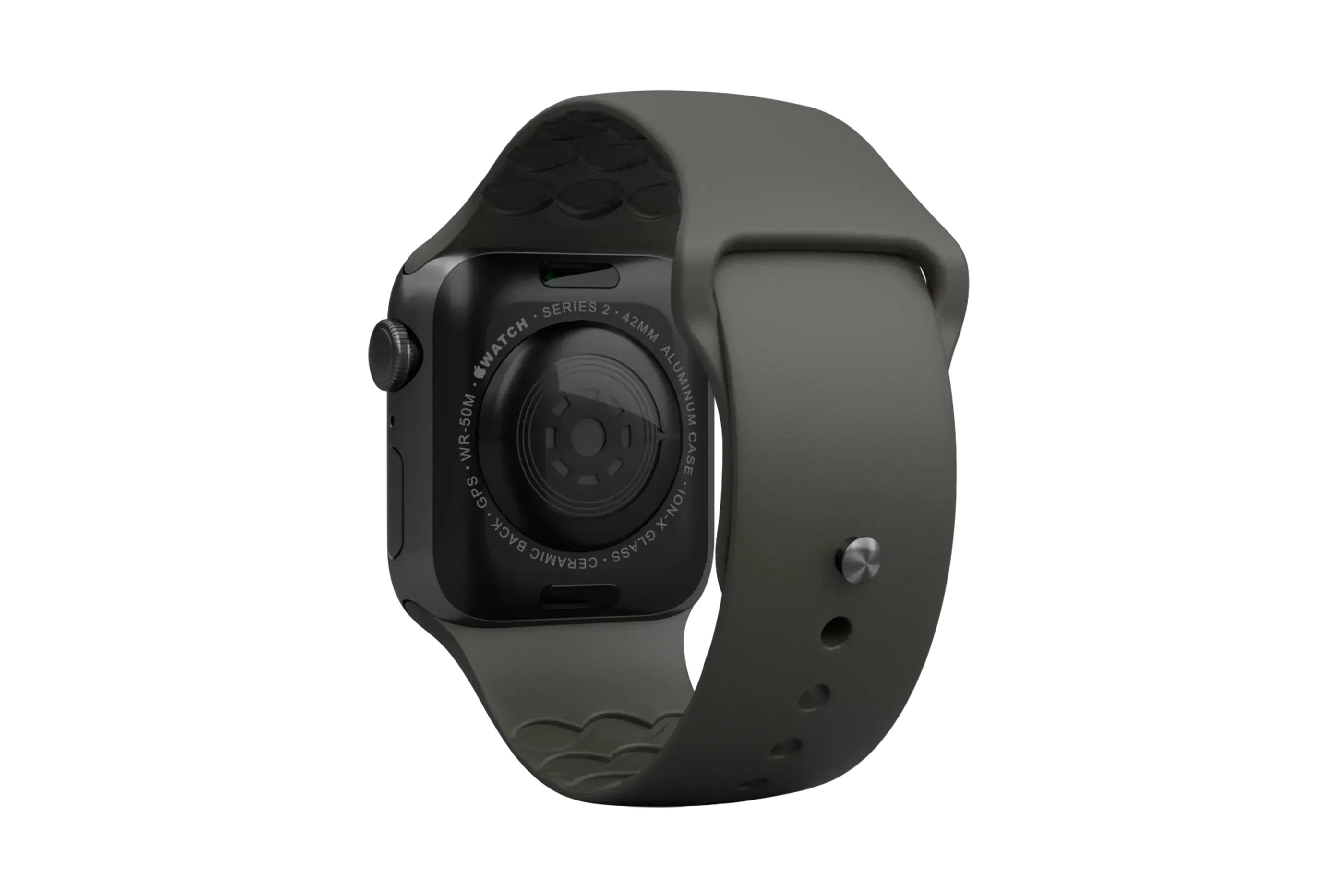 Solid Black apple watch band with gray hardware viewed from rear