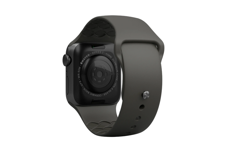 Solid Black apple watch band with gray hardware viewed from rear