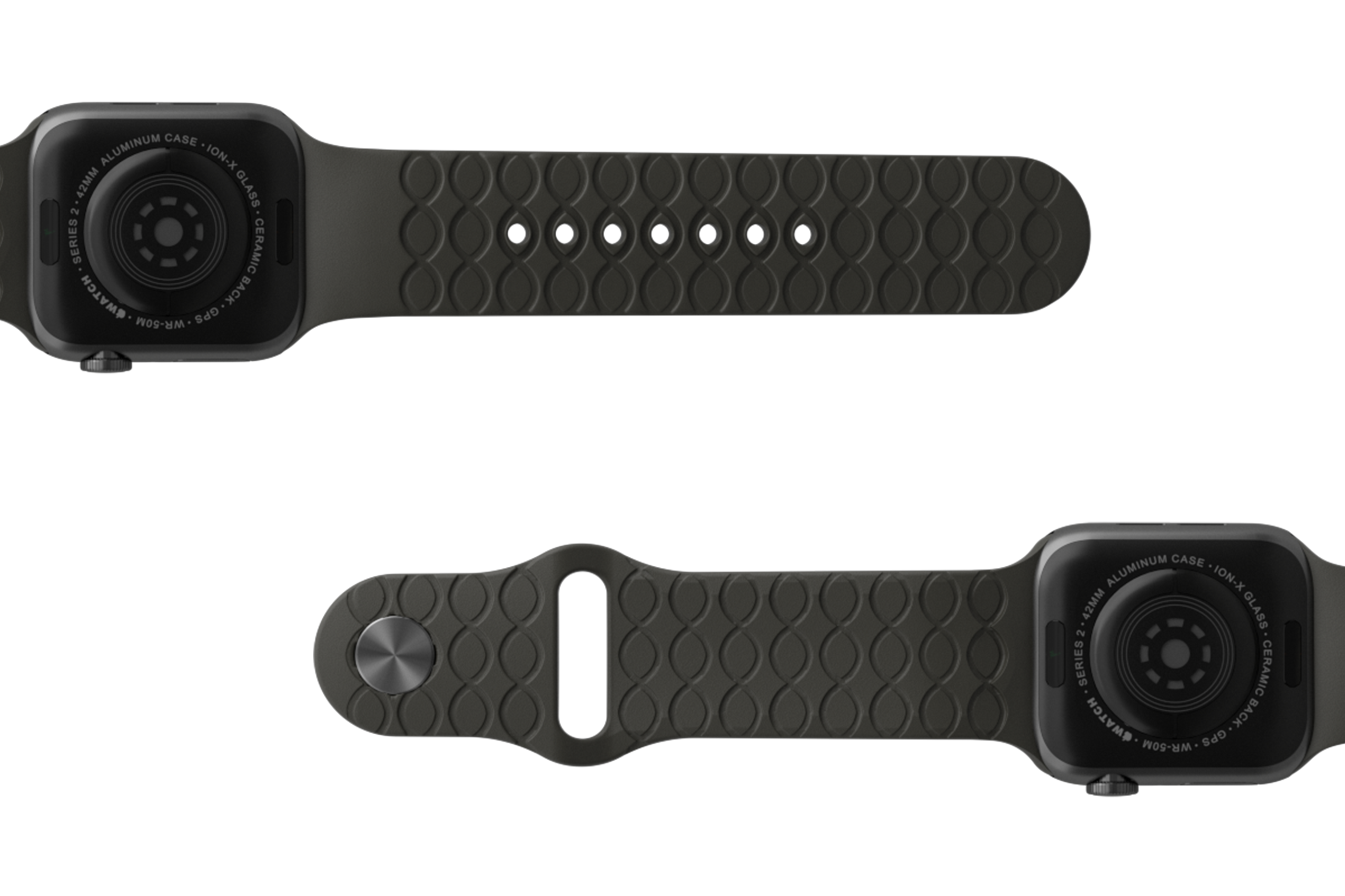 Solid Black Apple watch band with gray hardware viewed bottom up