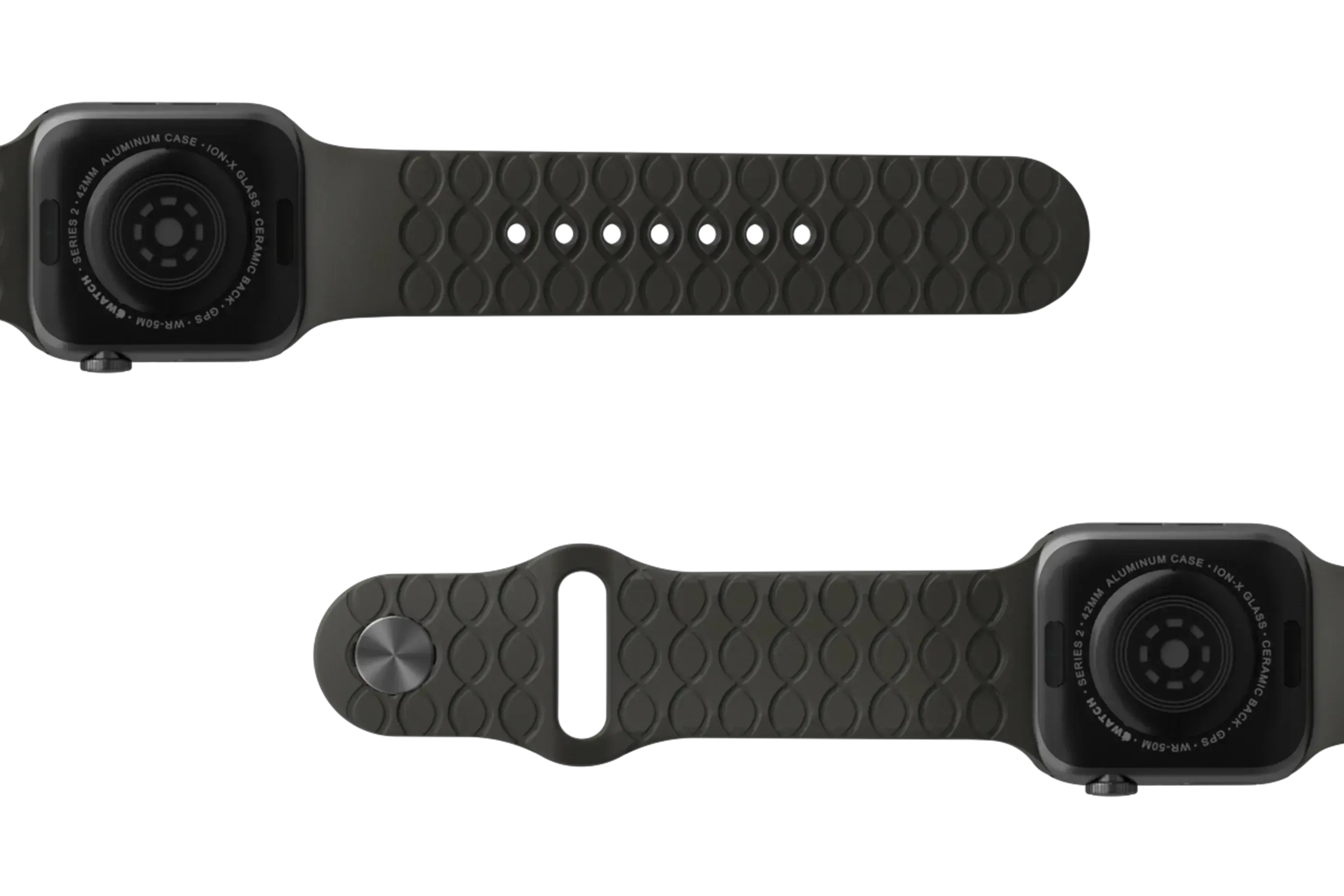Solid Black Apple watch band with gray hardware viewed bottom up