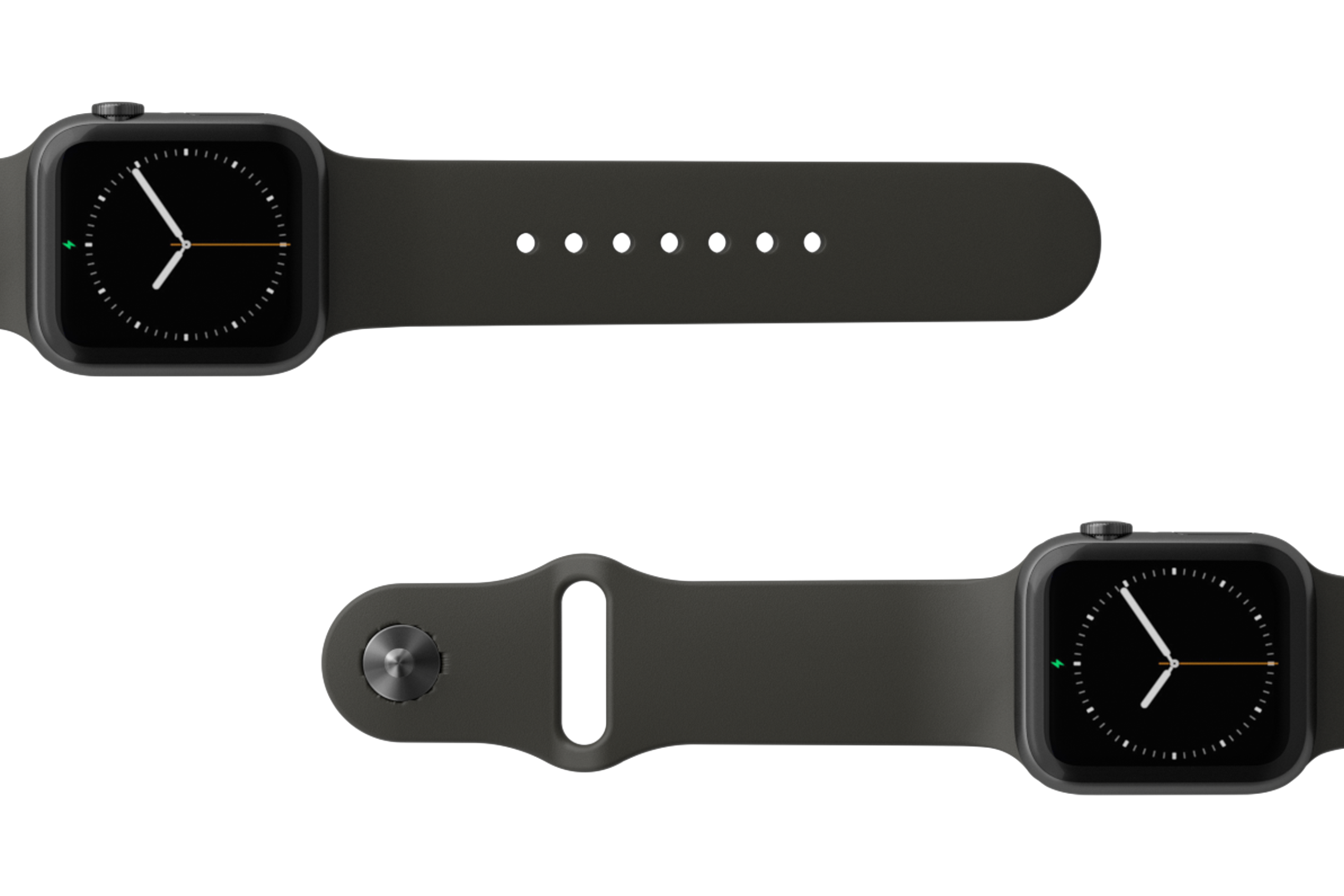 Solid Black Apple watch band with gray hardware viewed top down