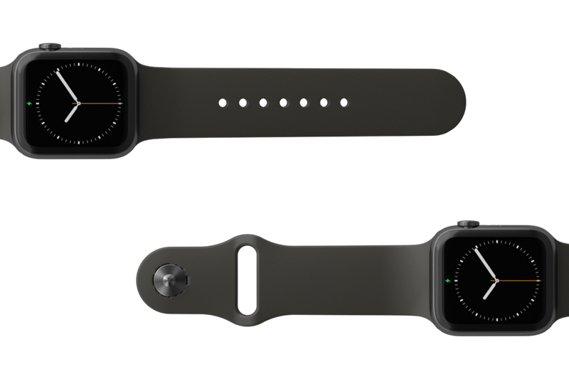Solid Black Apple watch band with gray hardware viewed top down