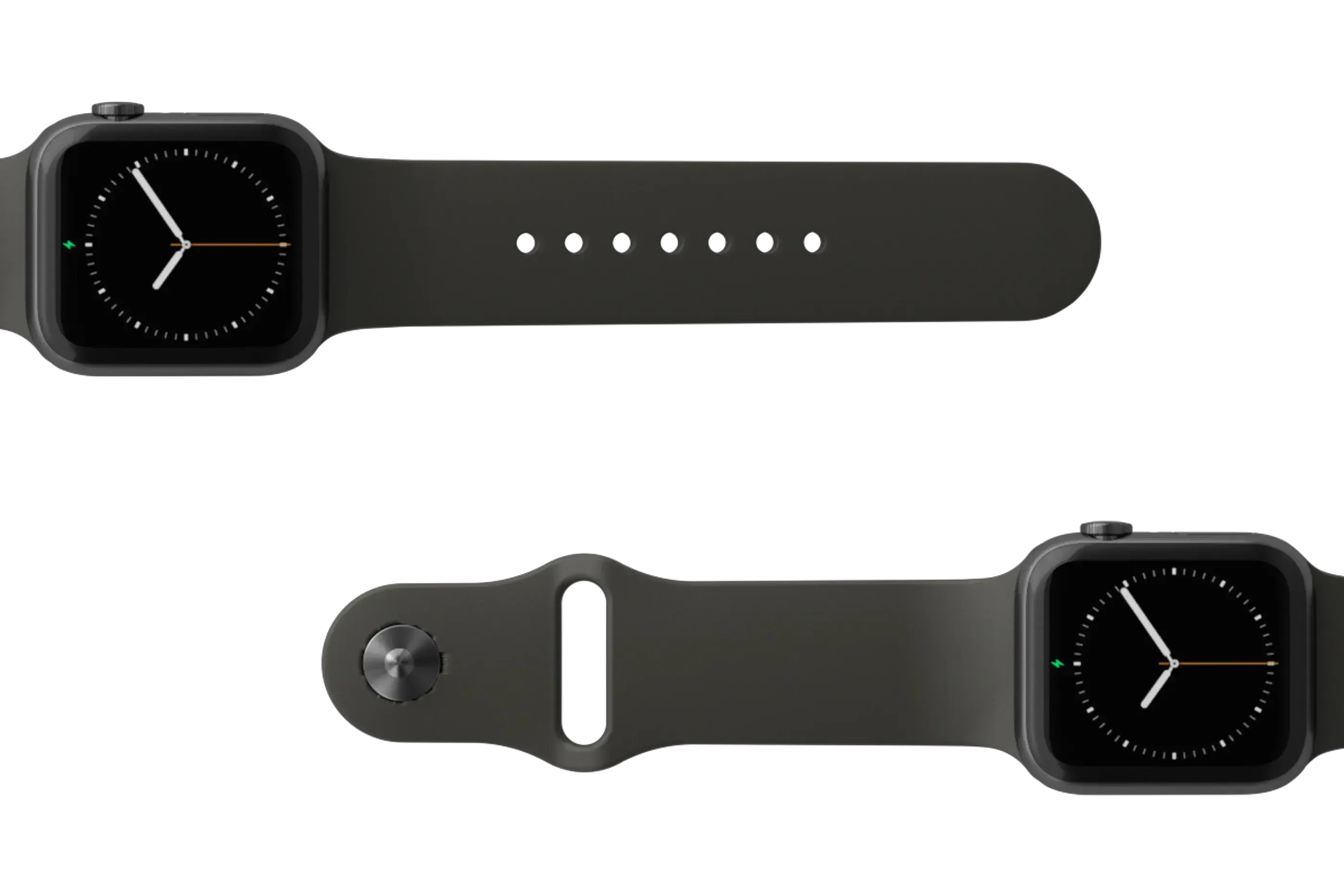 Solid Black Apple watch band with gray hardware viewed top down