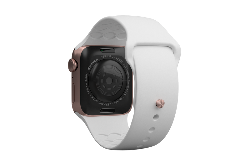 Solid White apple watch band with rose gold hardware viewed from rear