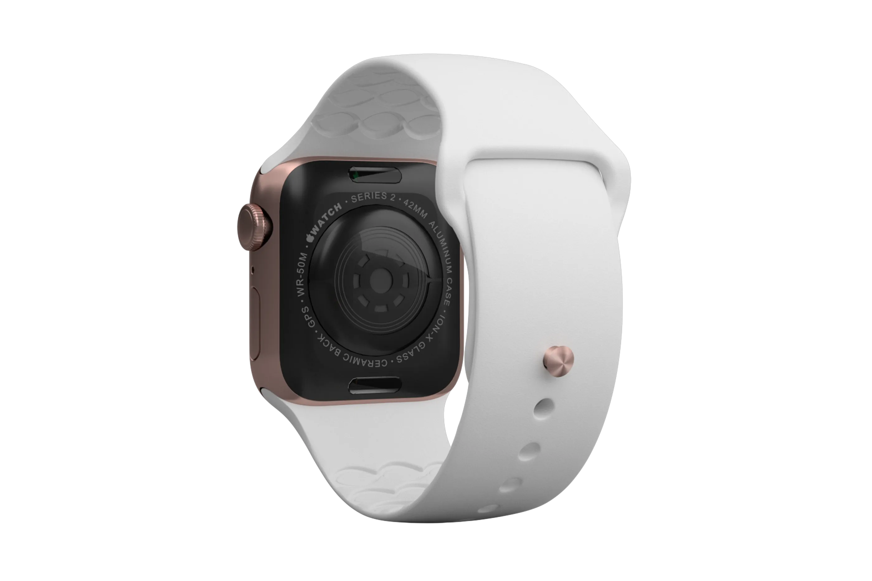 Solid White apple watch band with rose gold hardware viewed from rear