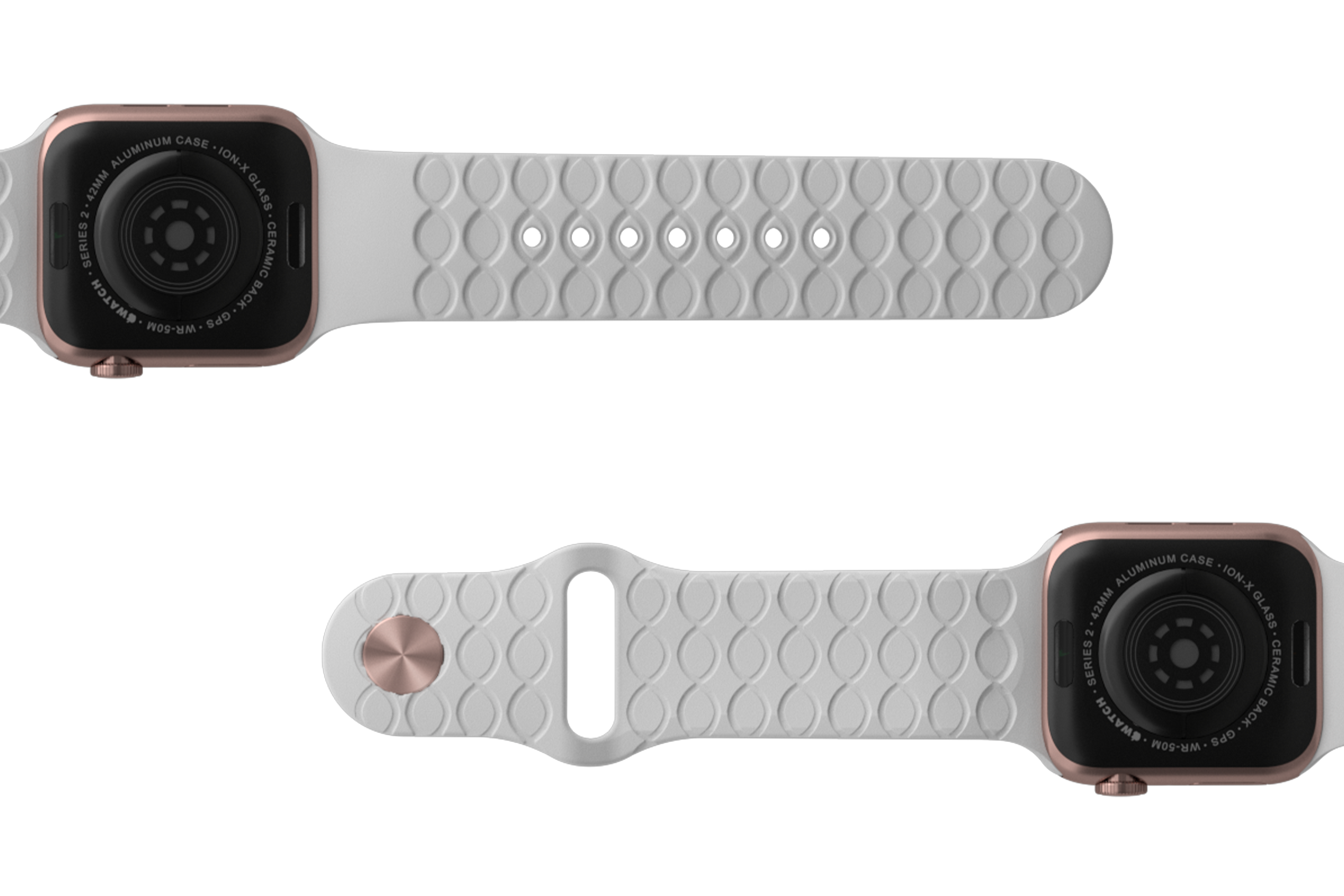 Solid White Apple watch band with rose gold hardware viewed bottom up