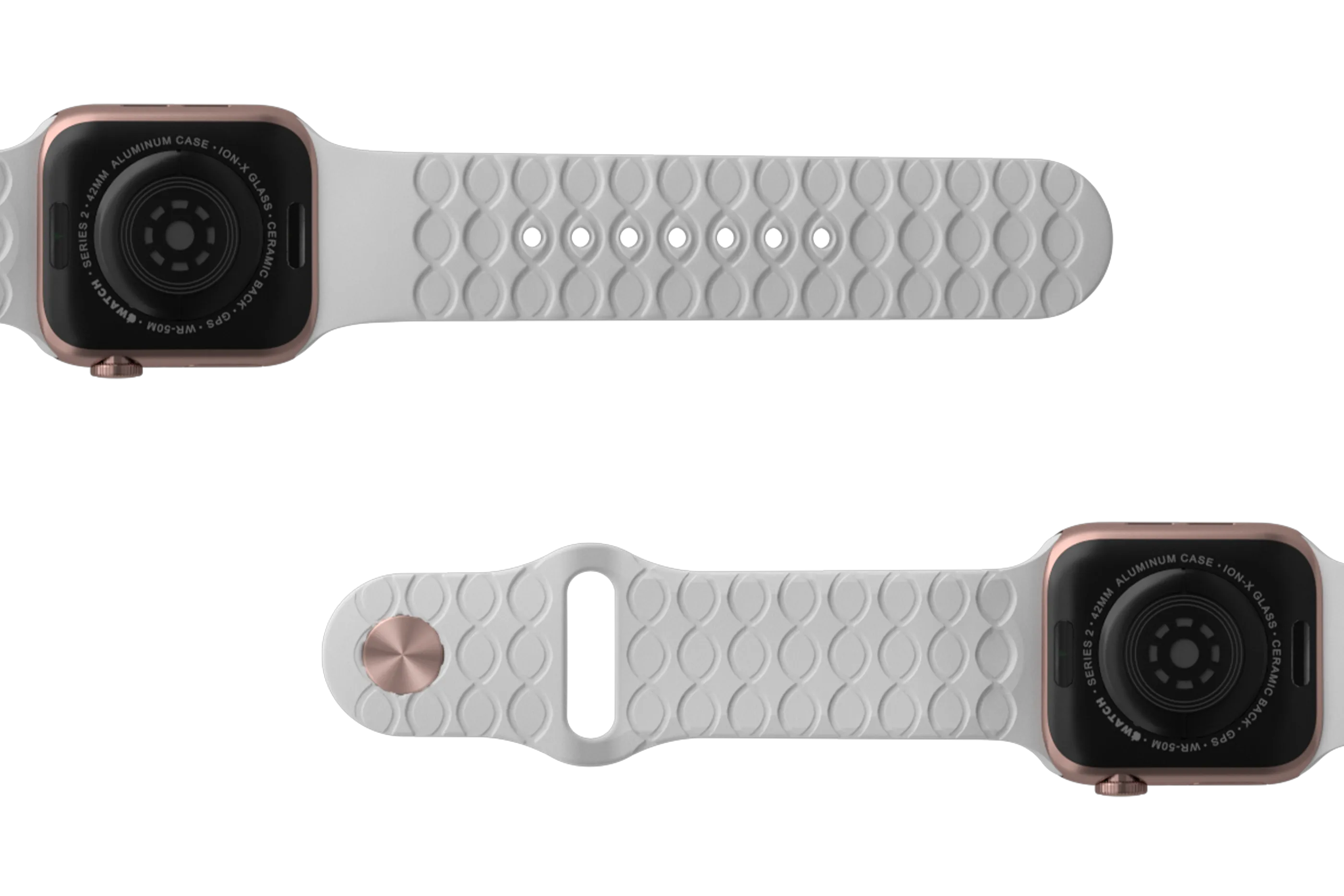 Solid White Apple watch band with rose gold hardware viewed bottom up
