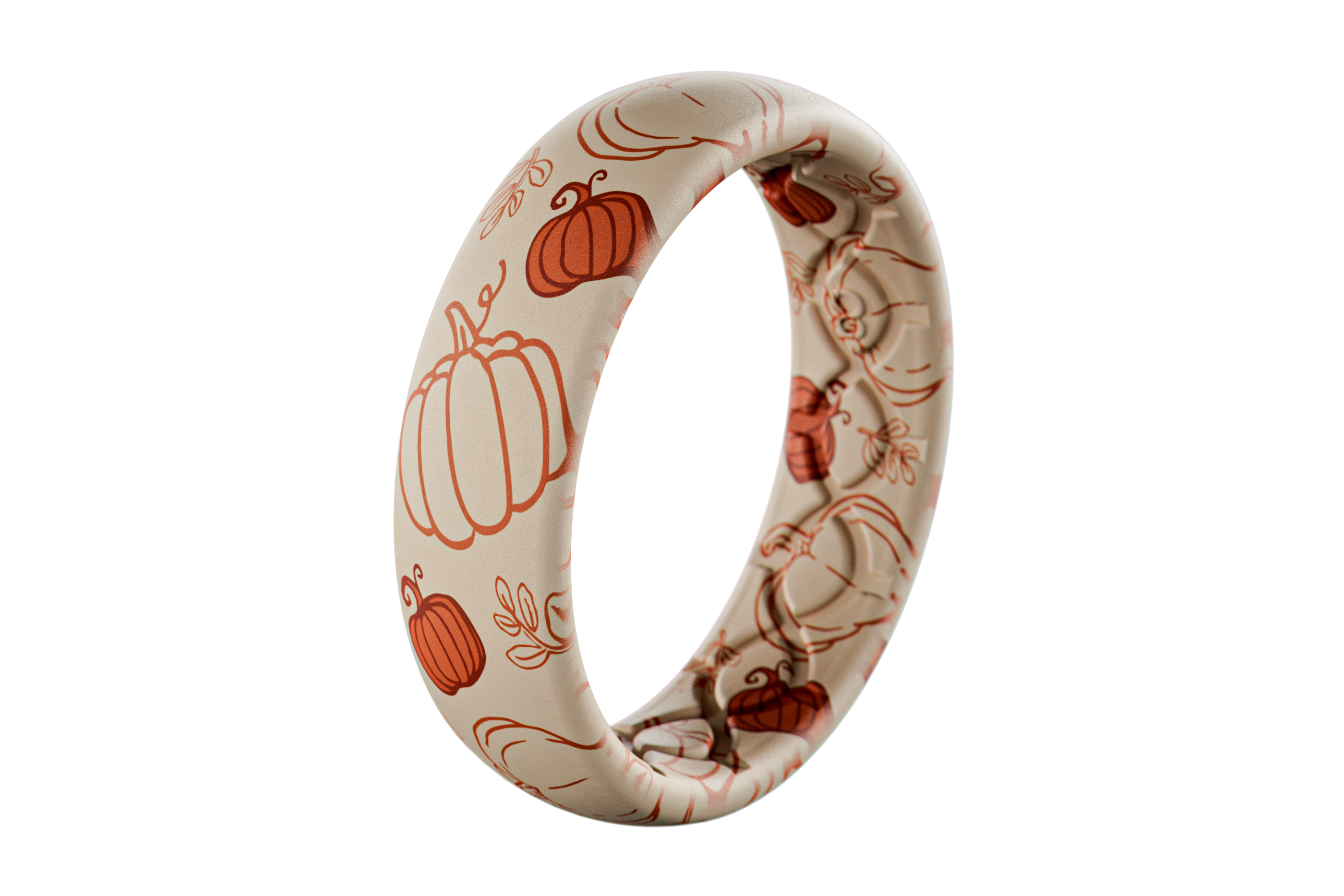 White silicone ring with orange pumpkin patterns on a white background
