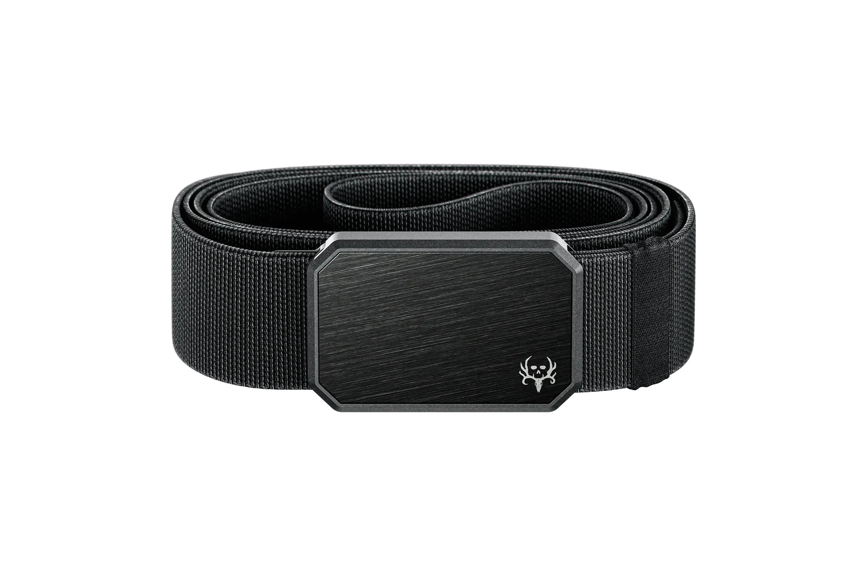 Black belt with a silver buckle on a white background
