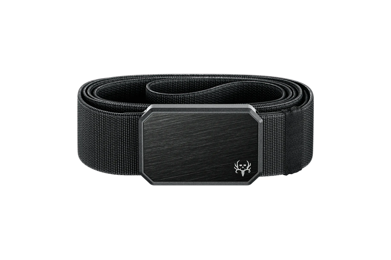 Black belt with a silver buckle on a white background