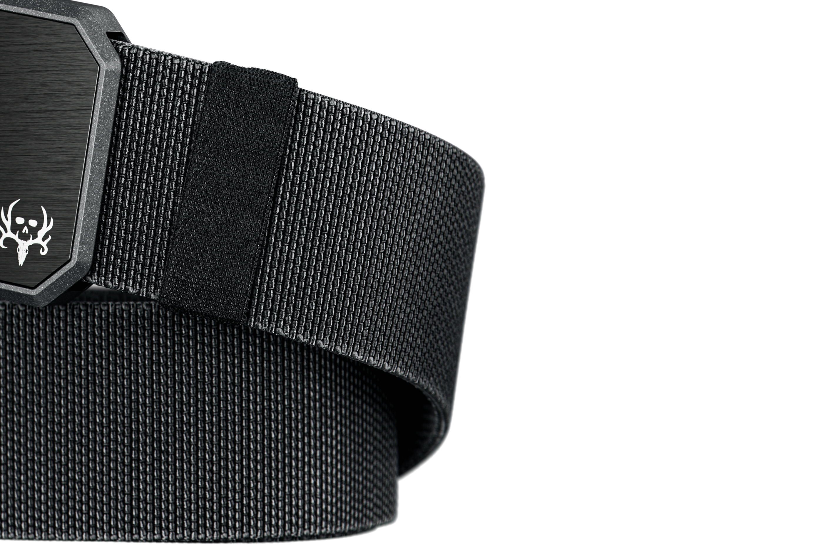 Black belt with a metallic buckle on a white background