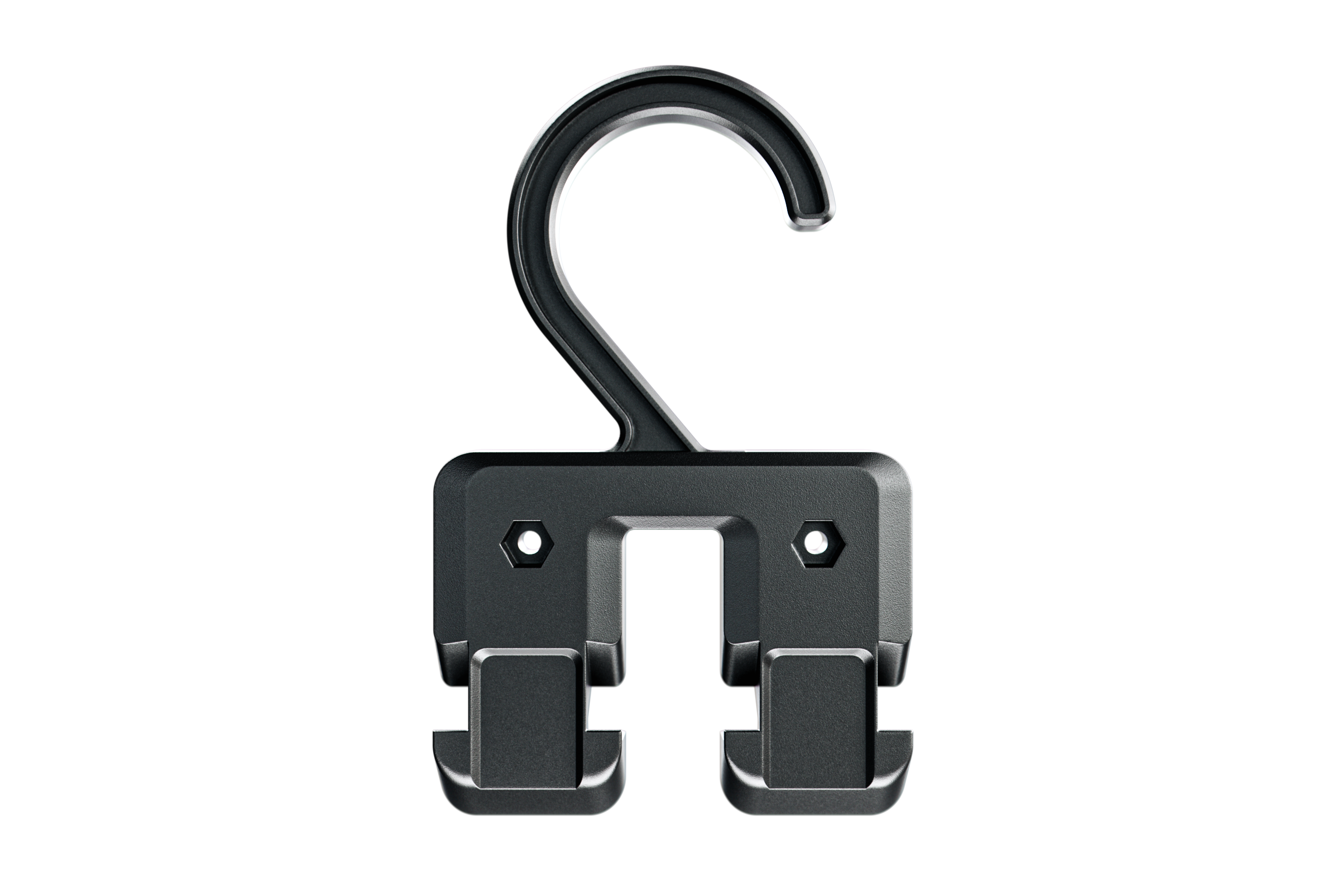 Black plastic hook on a white background