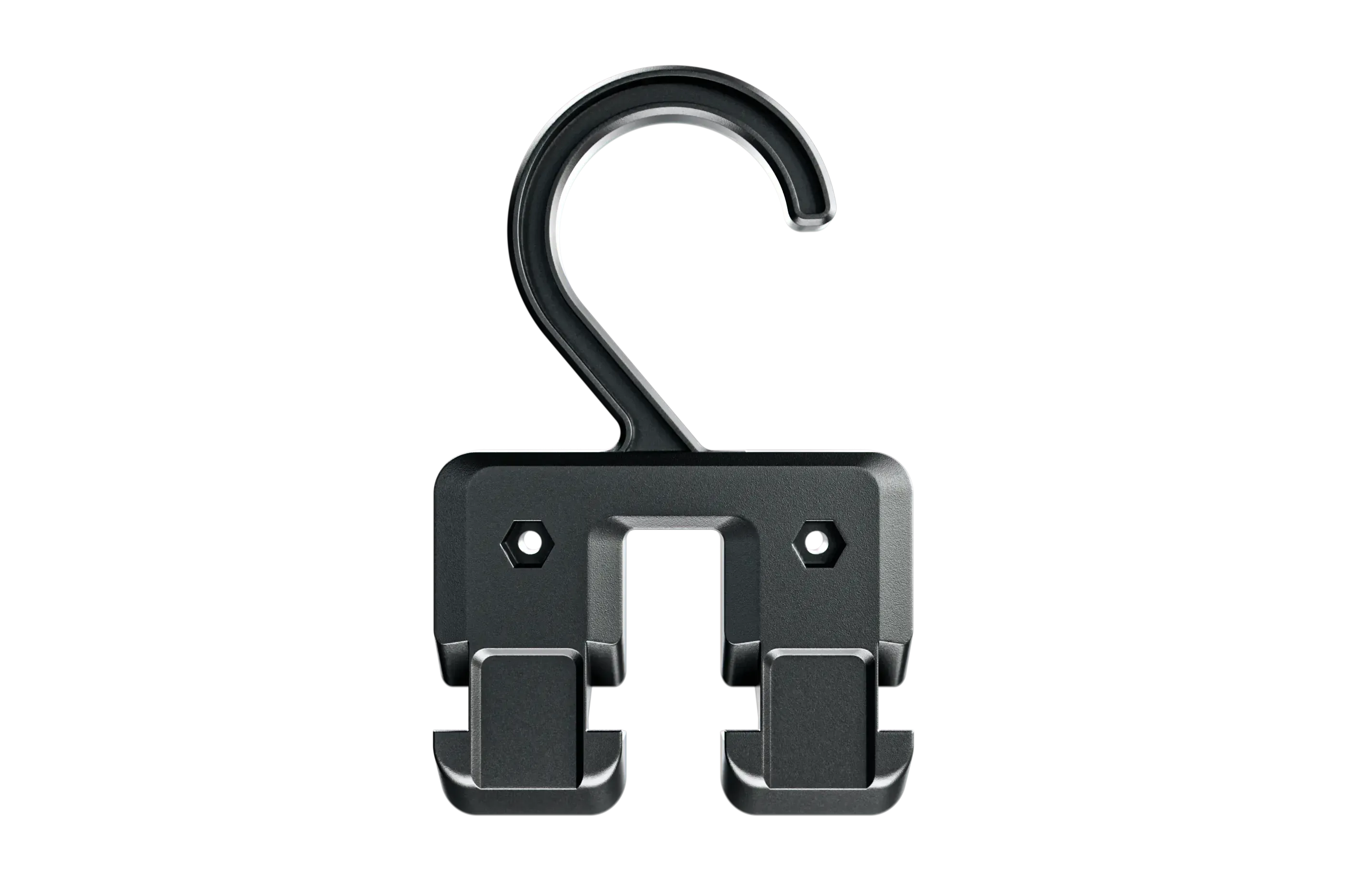 Black plastic hook on a white background