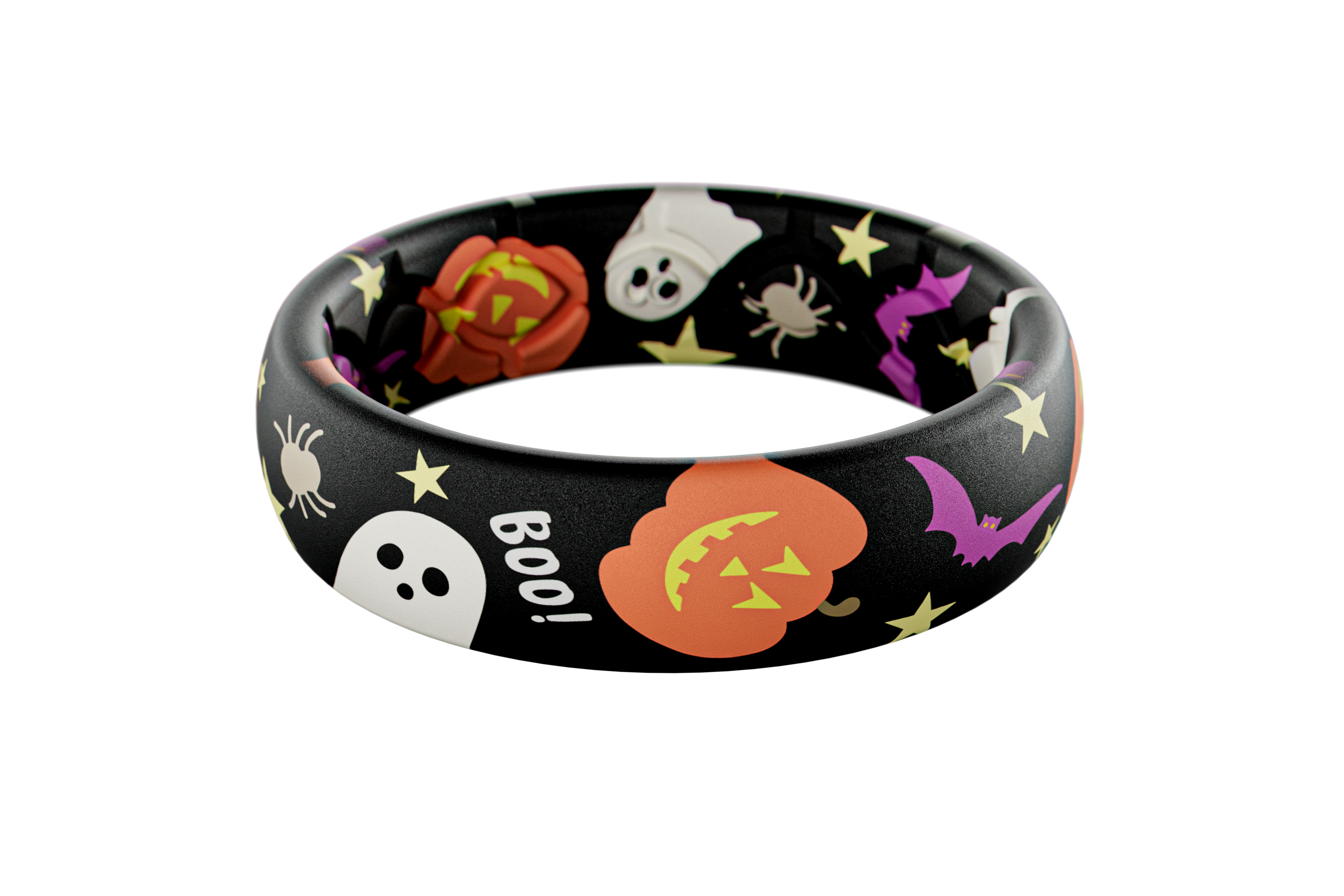 Black Halloween-themed bracelet with colorful designs on a white background