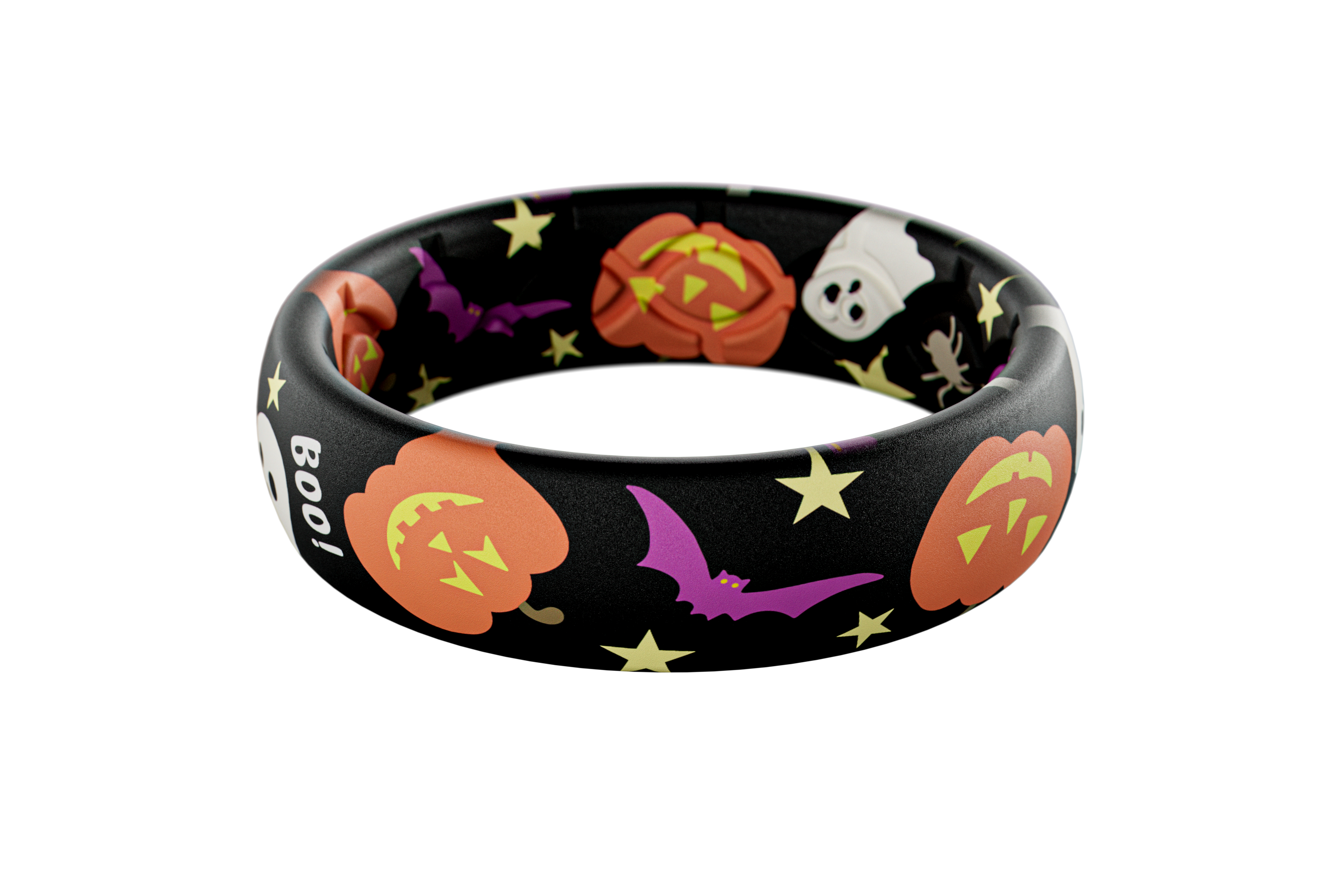 Black Halloween-themed wristband with pumpkins, ghosts, and bats on a white background