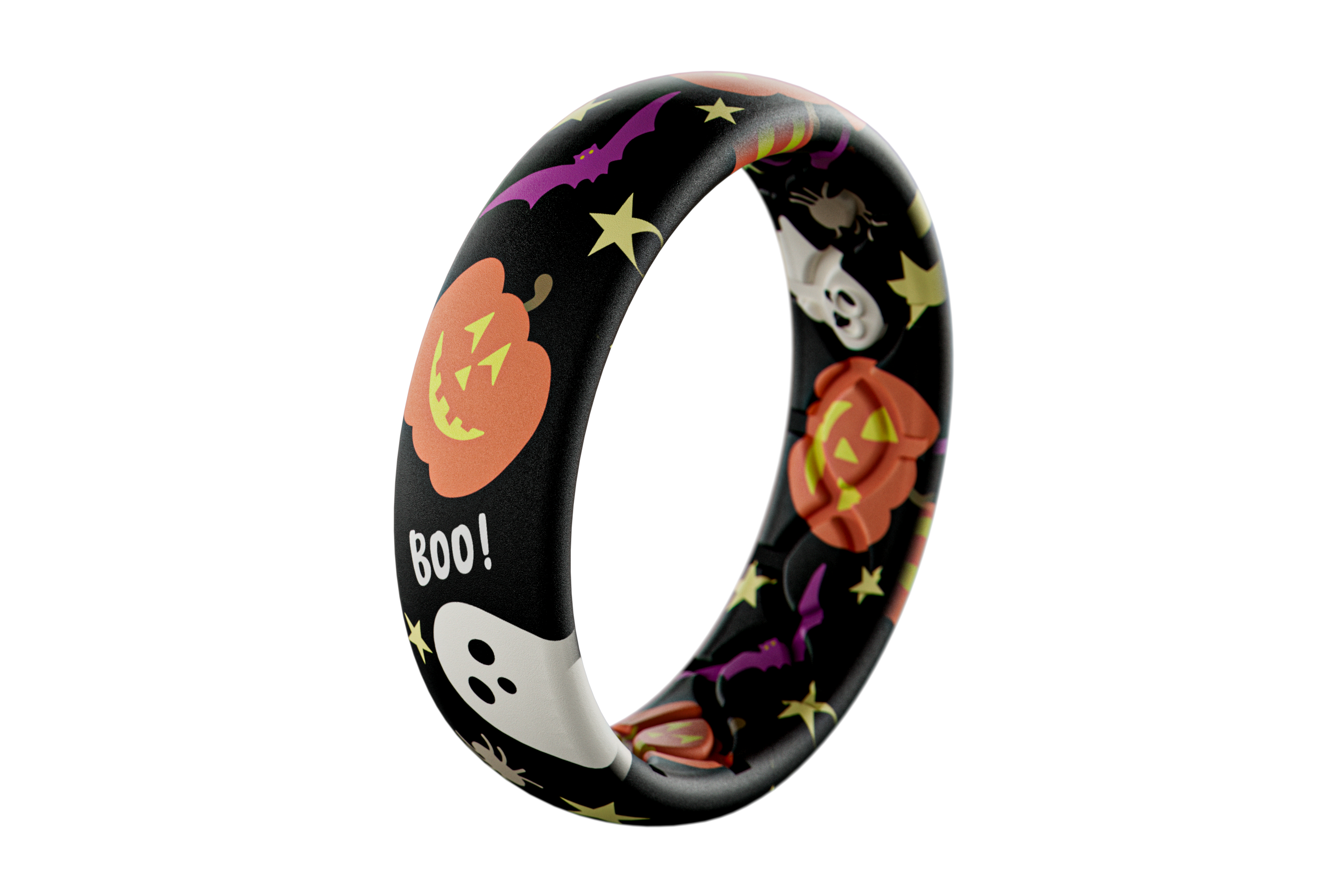 Black Halloween-themed ring with pumpkins, ghosts, and stars on a white background