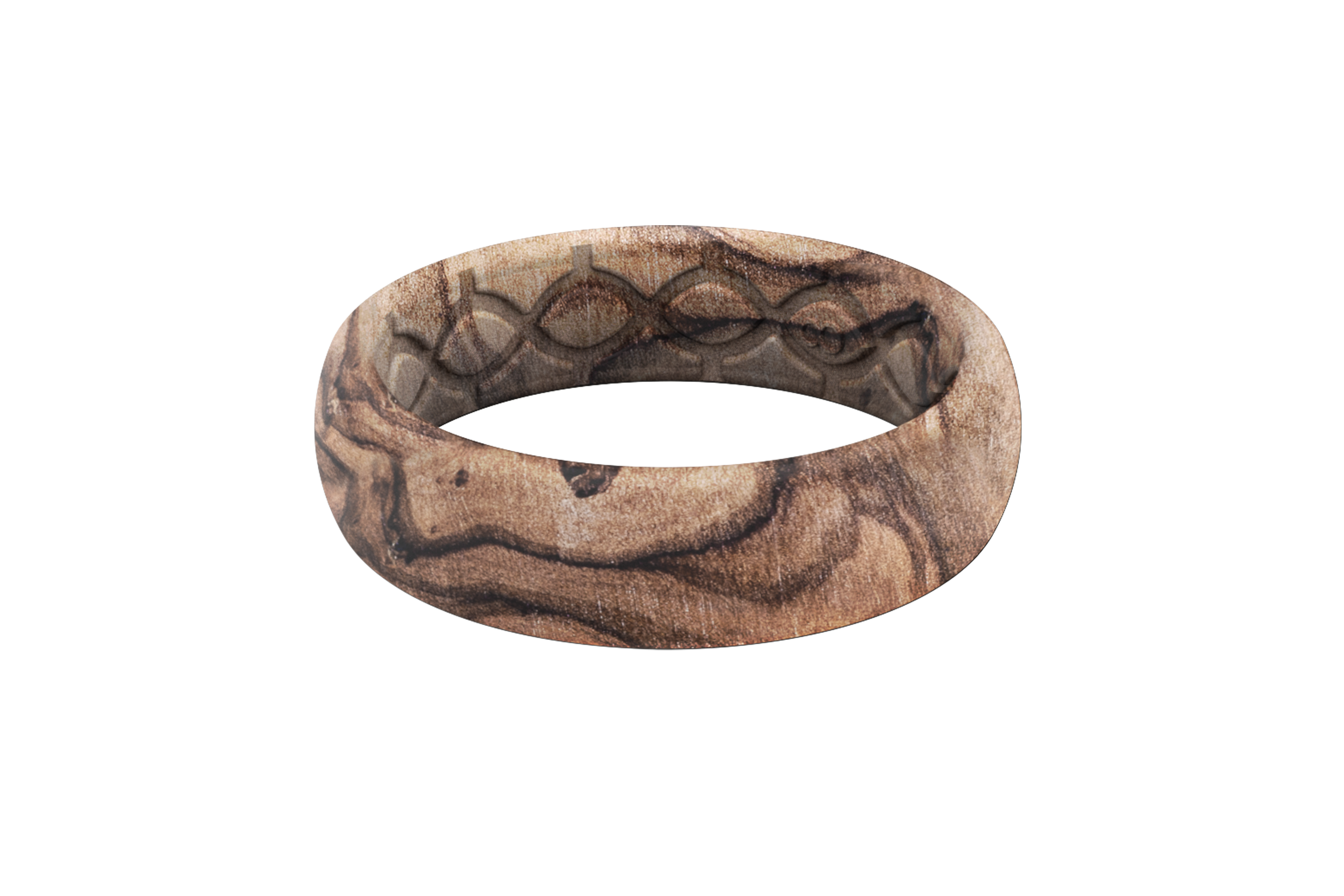 thin burled walnut ring viewed from side