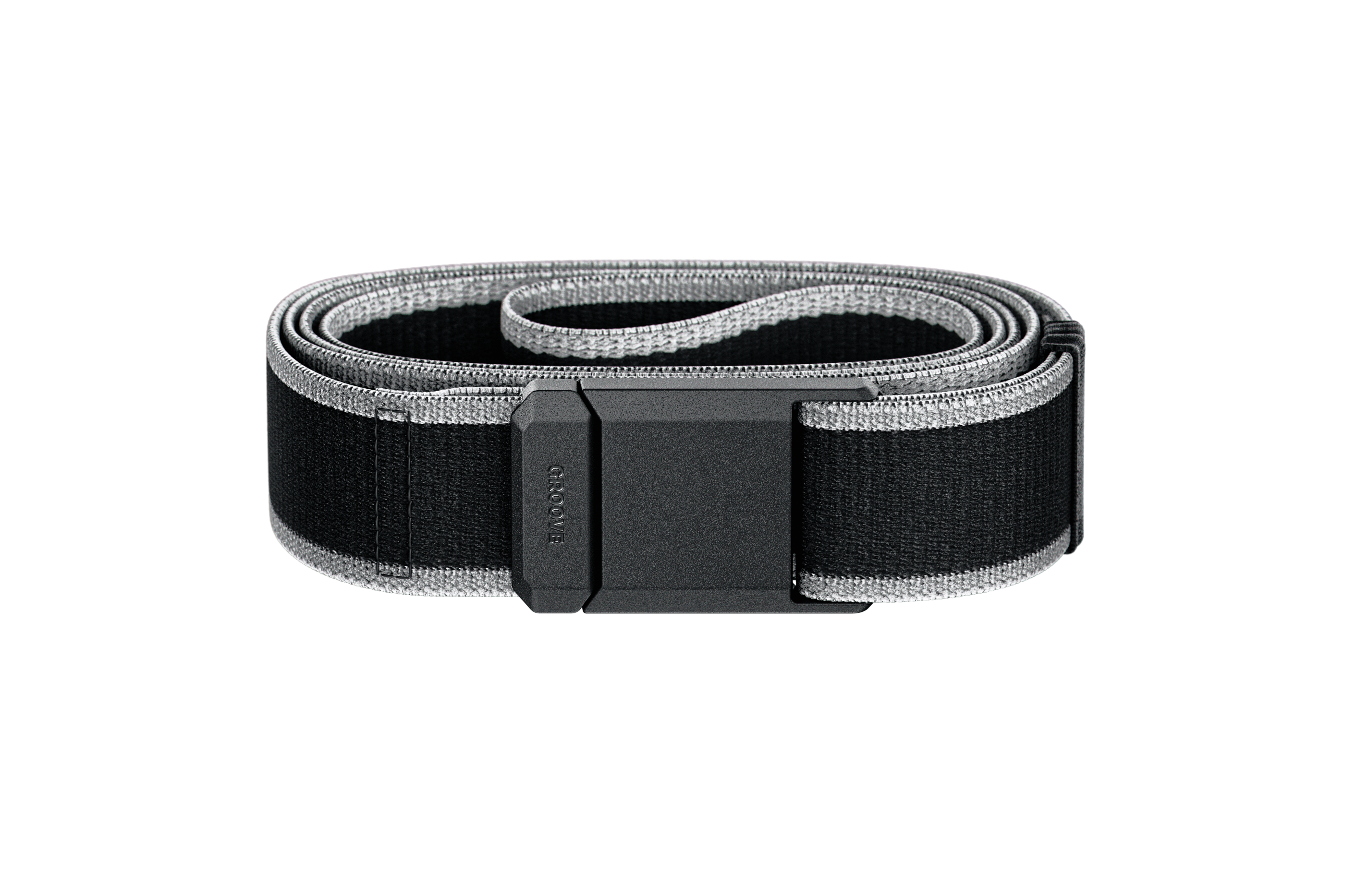 Black and gray belt with a buckle on a white background