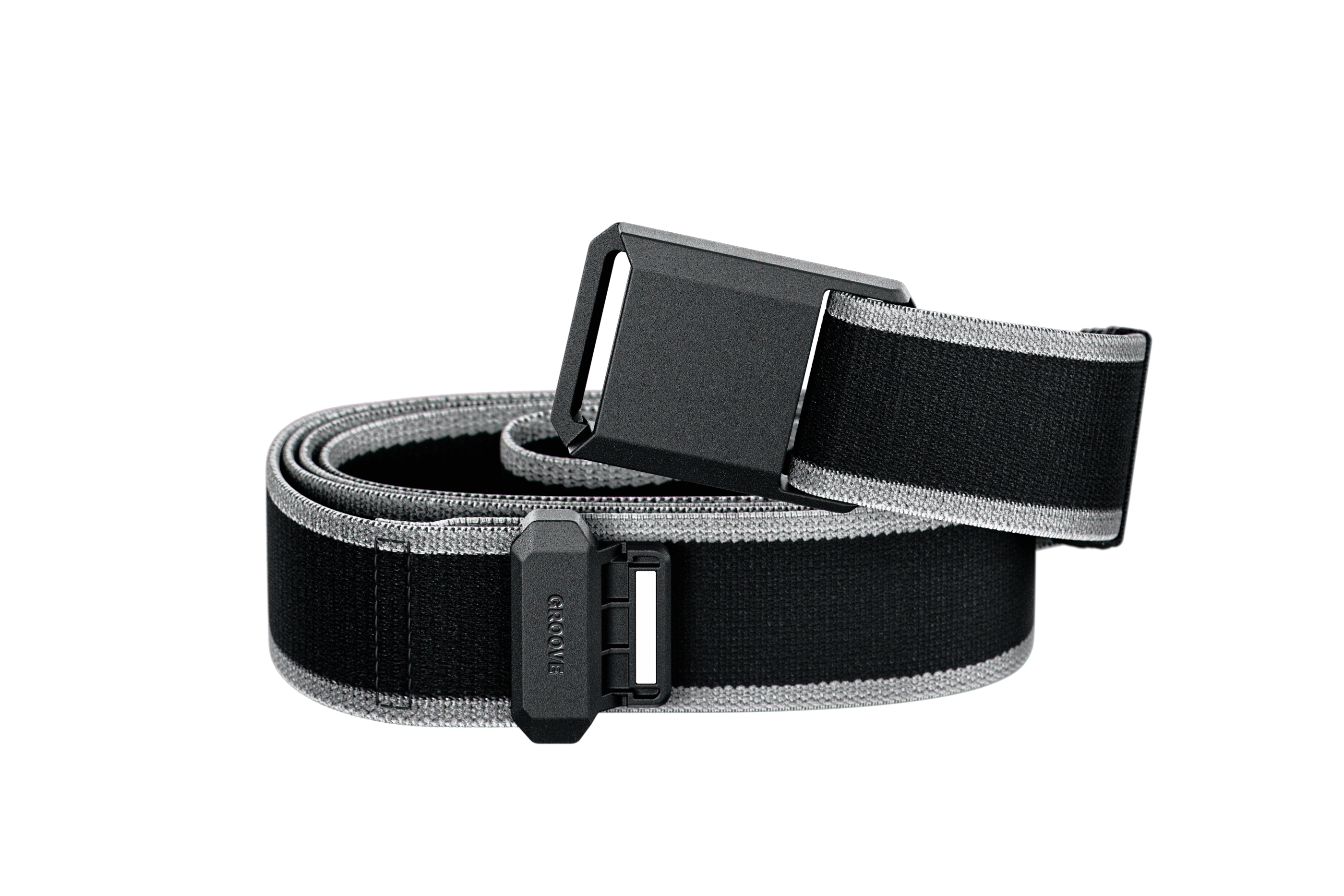 Black and gray belt with a buckle on a white background