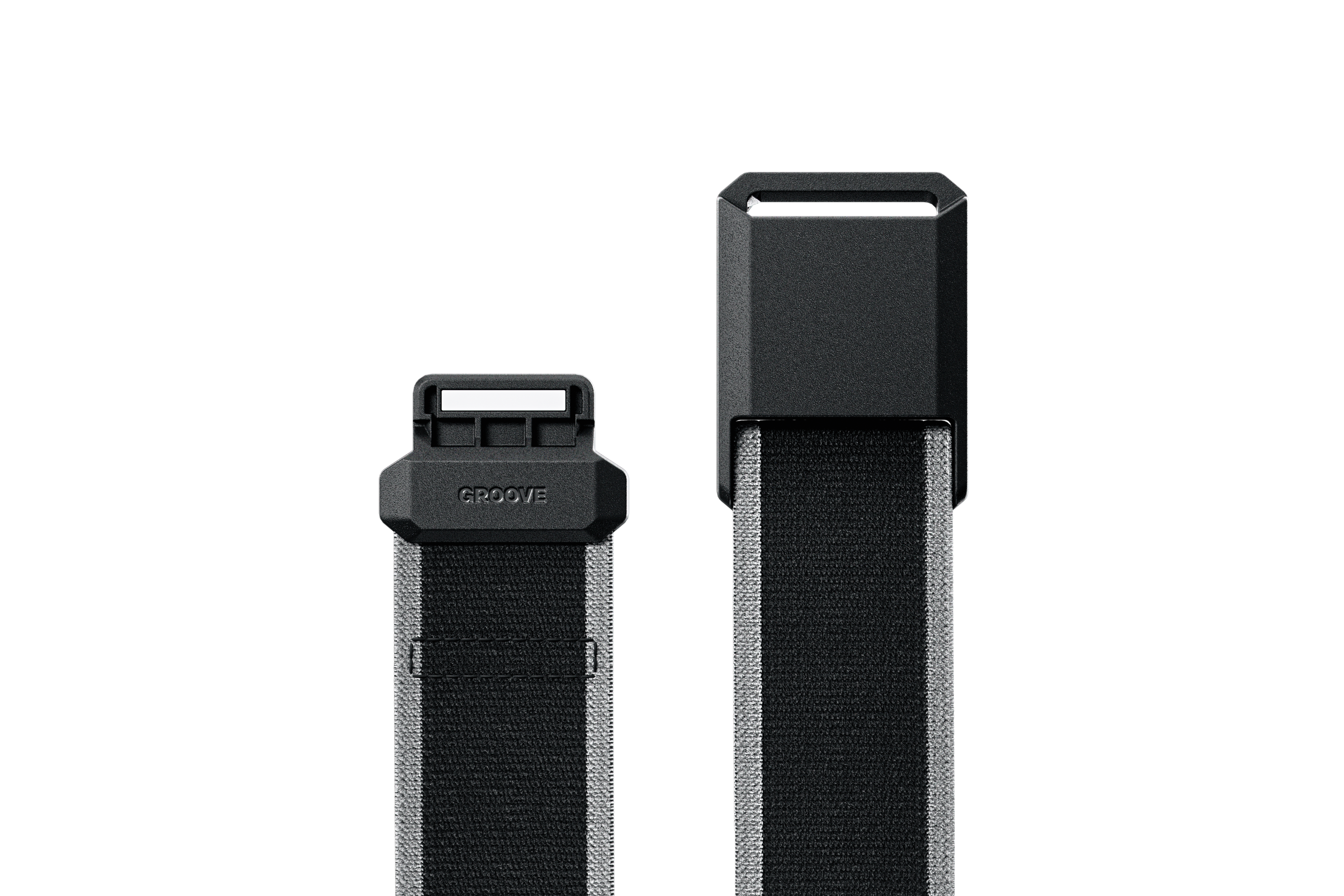 Black and gray belt with a buckle on a white background