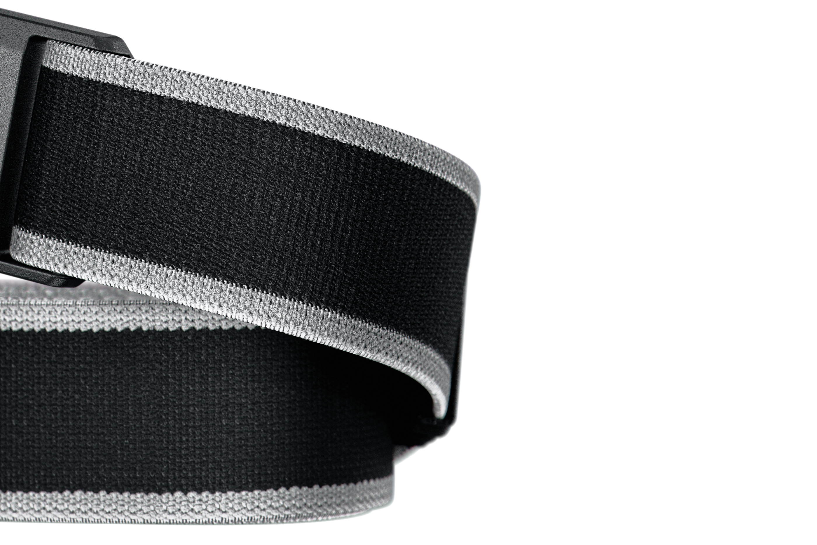 Black and gray belt with a buckle on a white background