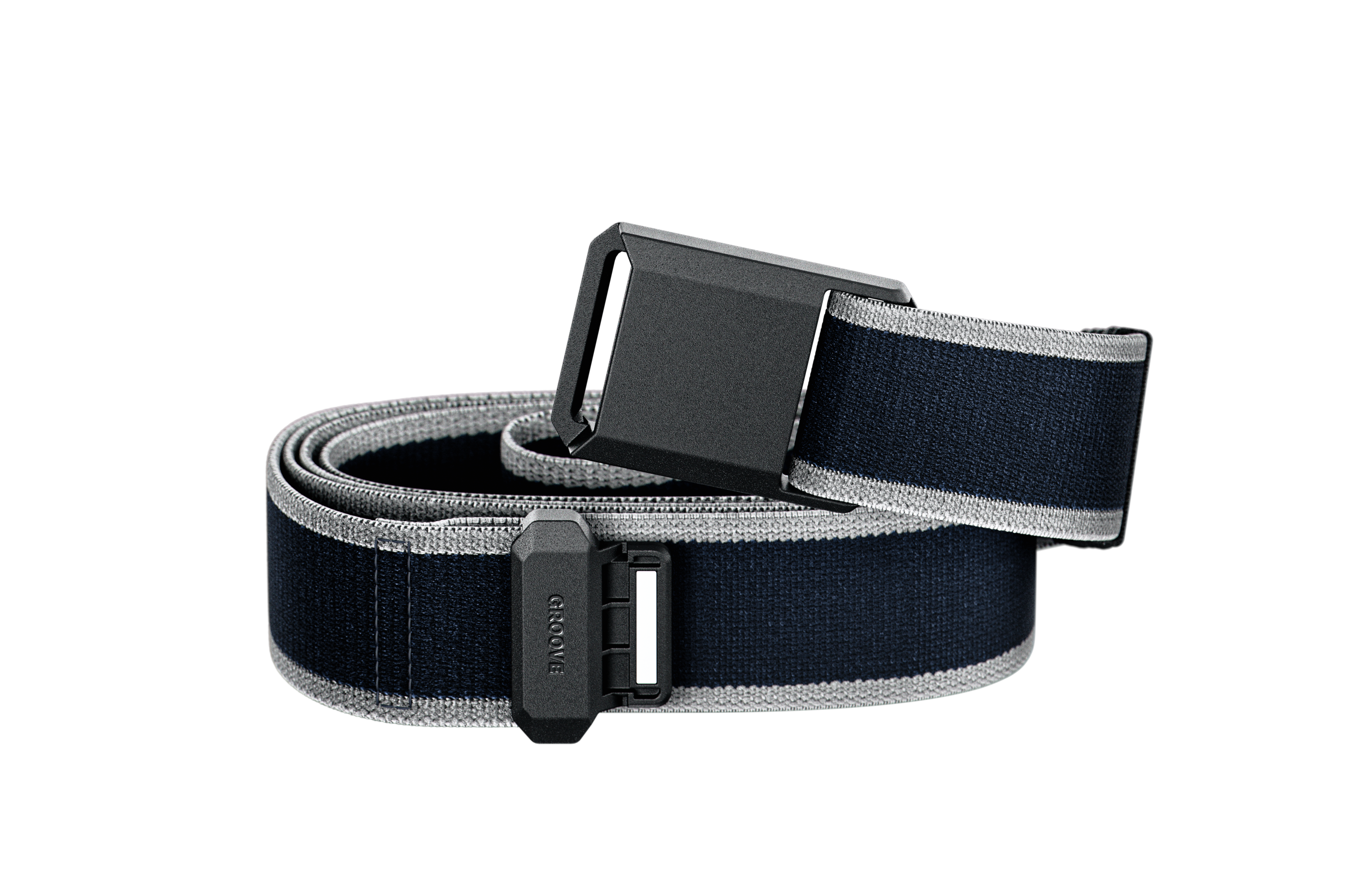 Blue and gray belt with a buckle on a white background