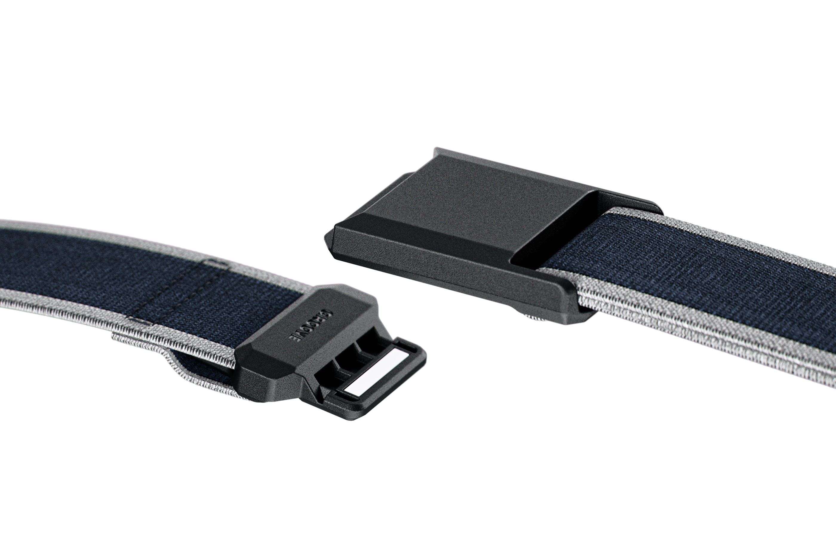 Blue and gray belt with a buckle on a white background