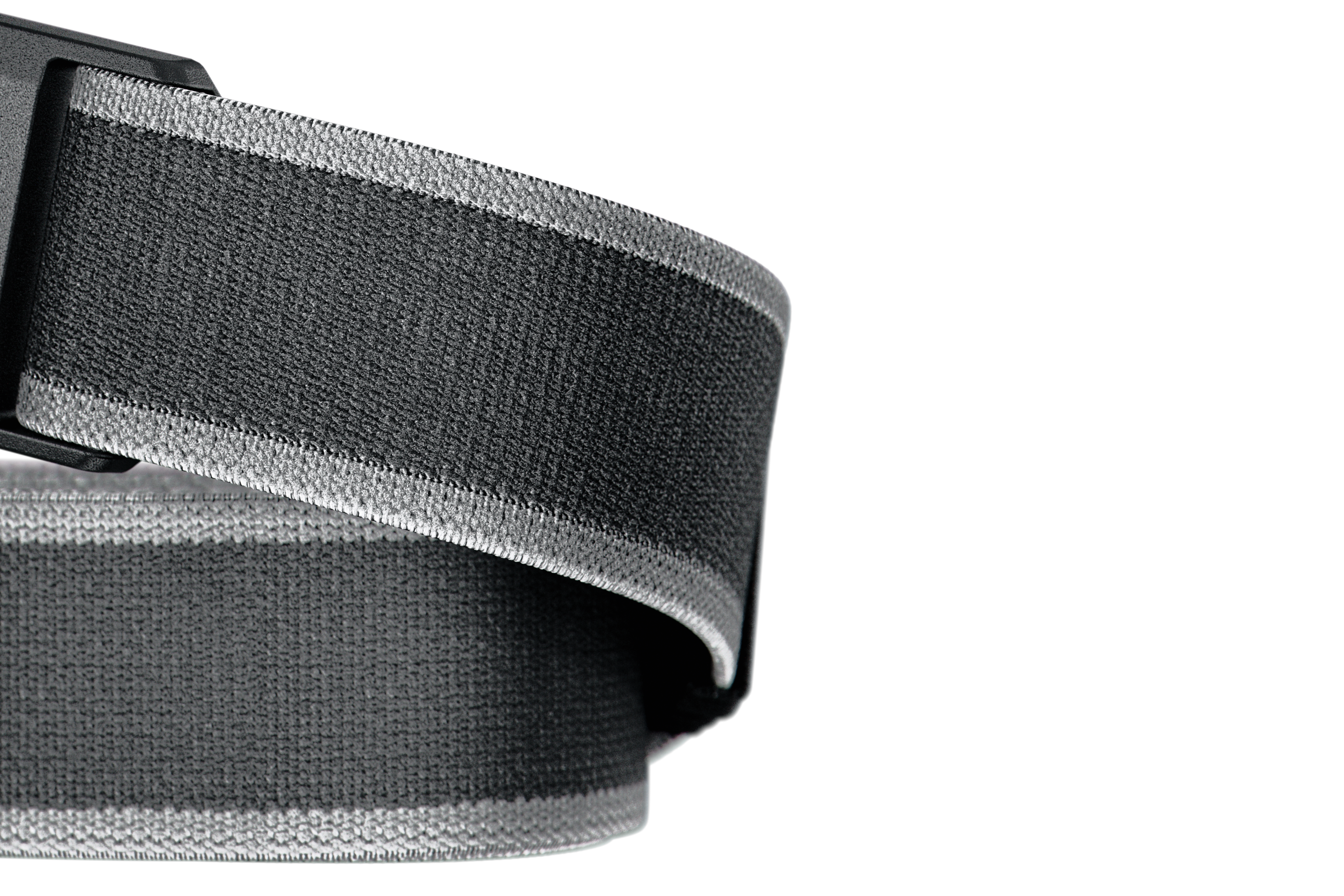 Gray belt with a black buckle on a white background