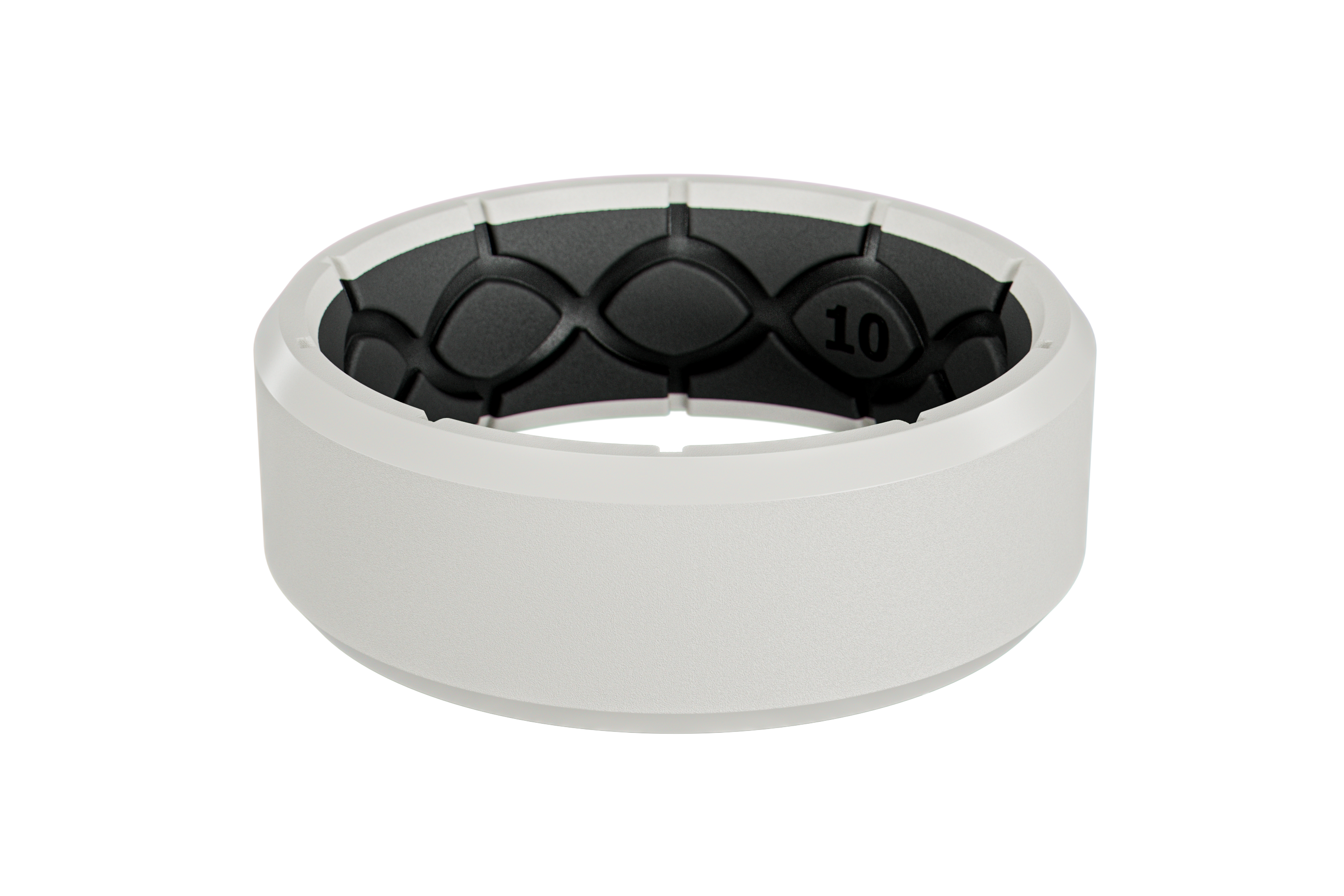 White ring with black interior design on a white background