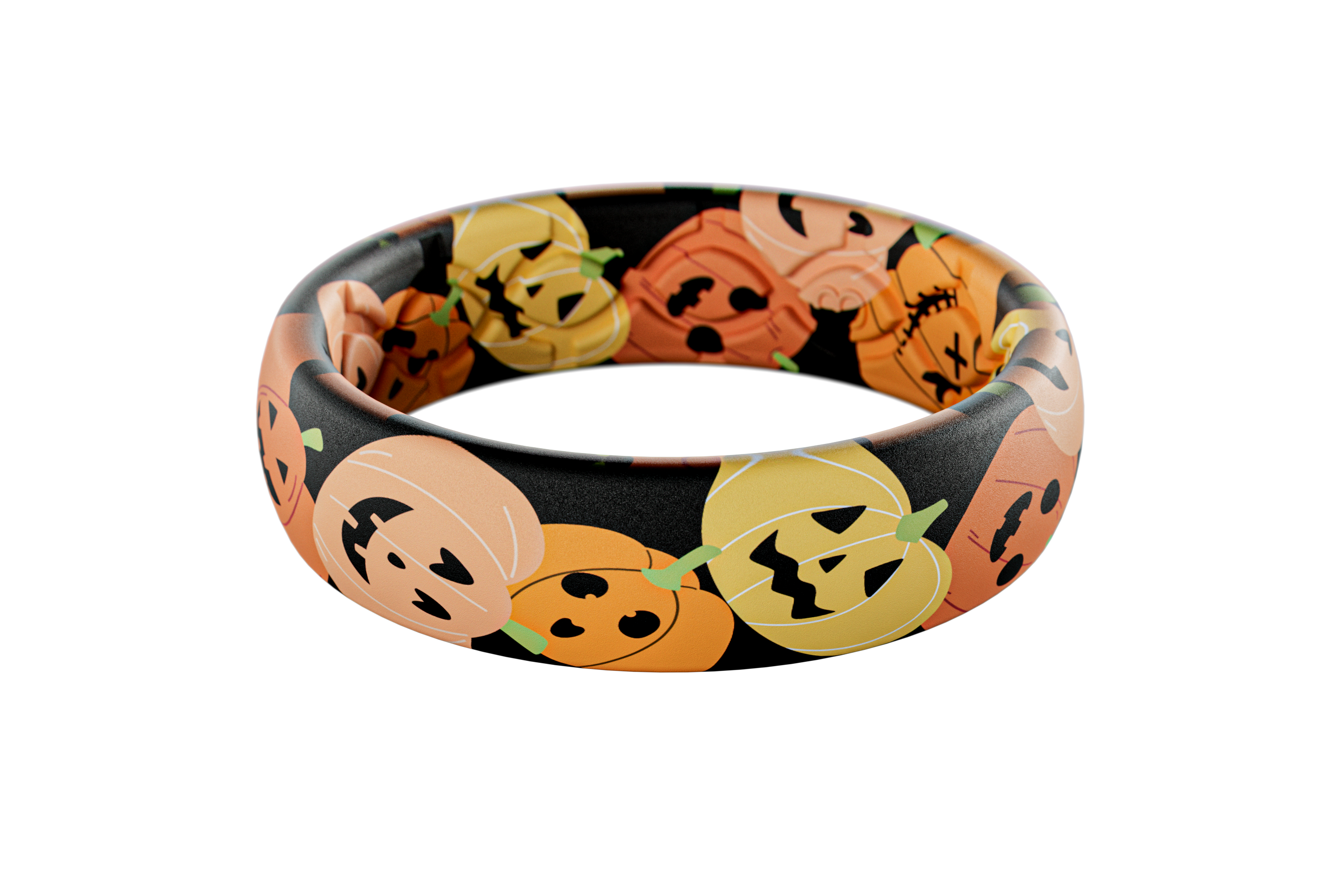 Black rubber band with Halloween-themed pumpkins design on a white background