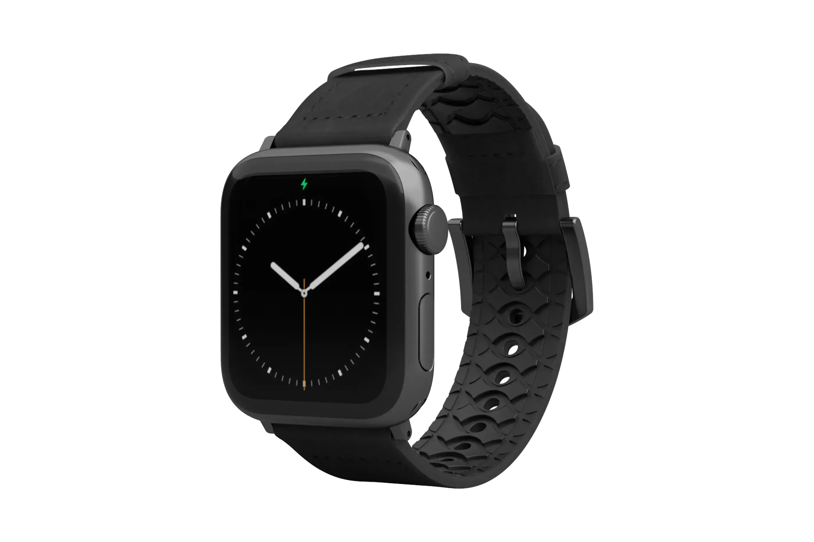 Vulcan Obsidian Black Leather Apple Watch Band with gray hardware viewed front on
