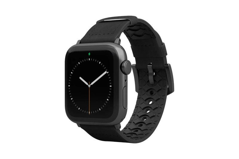 Vulcan Obsidian Black Leather Apple Watch Band with gray hardware viewed front on
