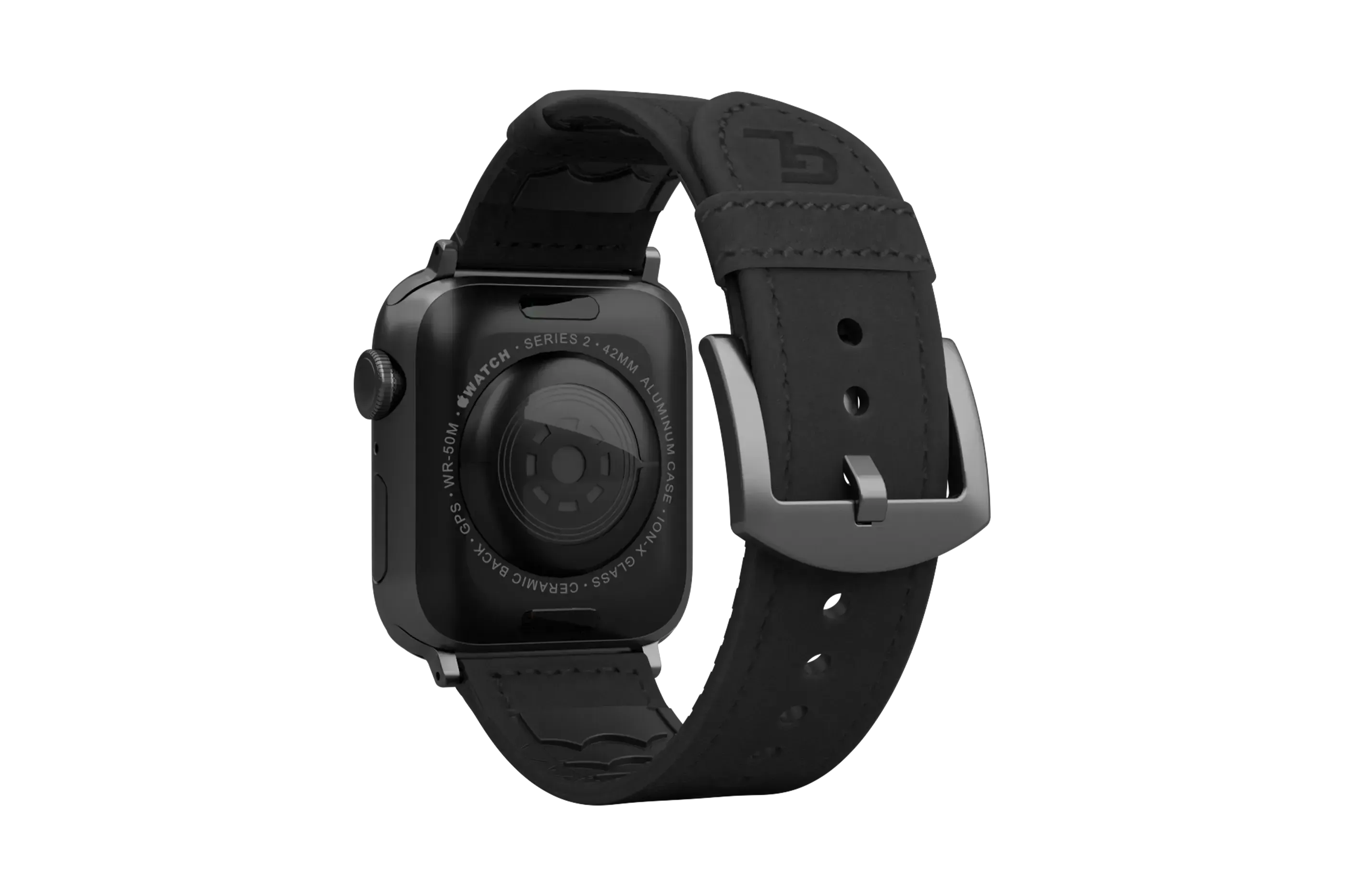 Vulcan Obsidian Black Leather apple watch band with gray hardware viewed from top down