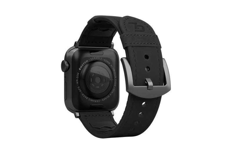 Vulcan Obsidian Black Leather apple watch band with gray hardware viewed from top down