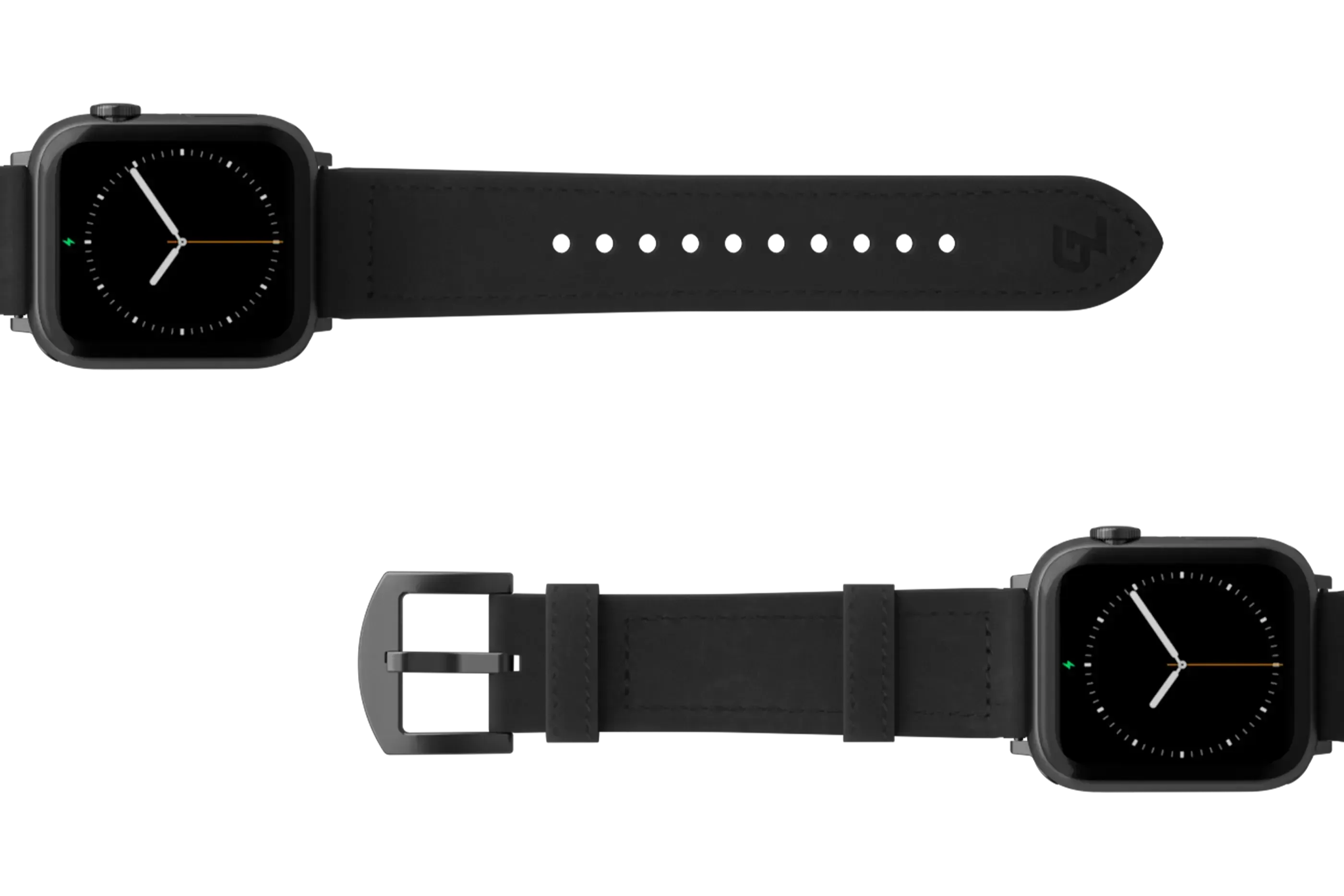 Vulcan Obsidian Black Leather Apple watch band  with gray hardware viewed top down