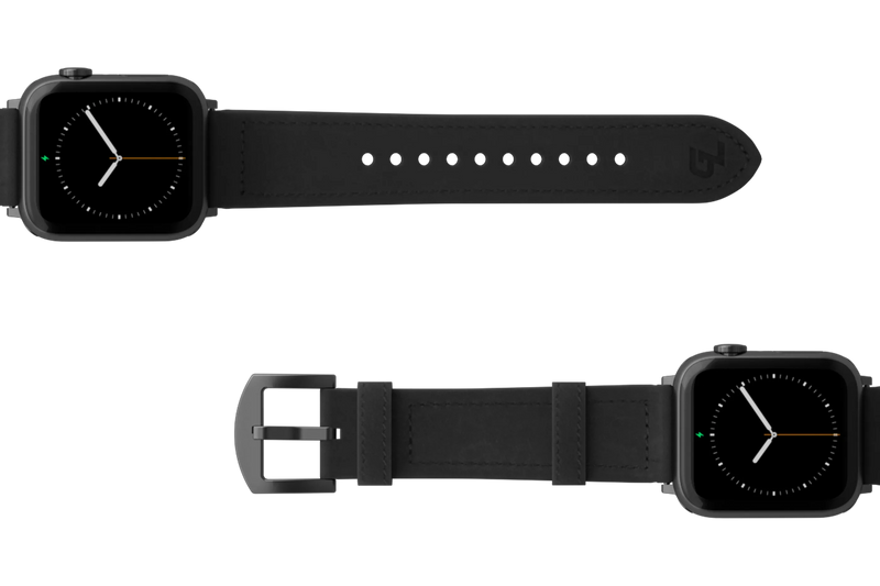 Vulcan Obsidian Black Leather Apple watch band  with gray hardware viewed top down
