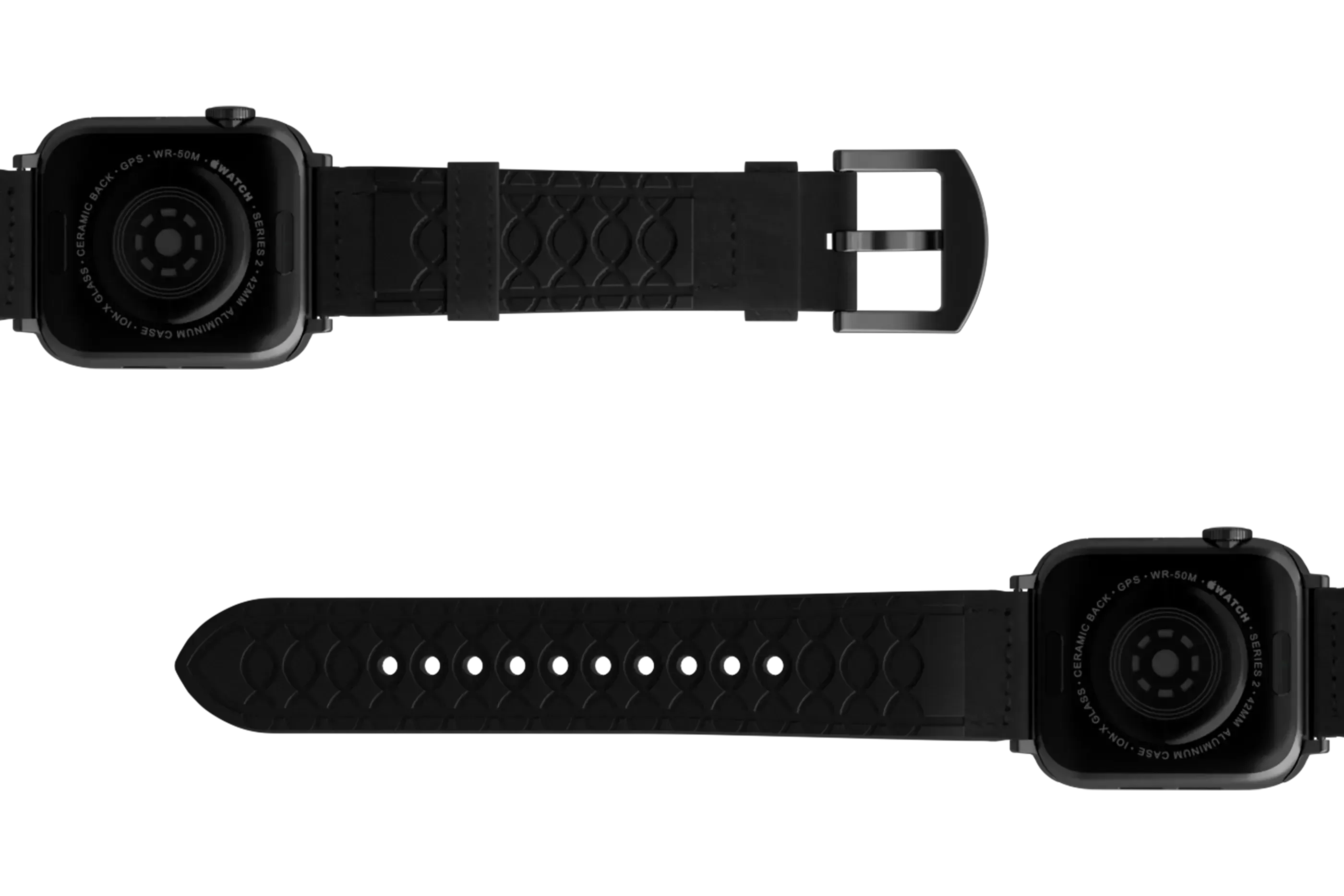 Vulcan Obsidian Black Leather Apple   watch band with gray hardware viewed bottom up
