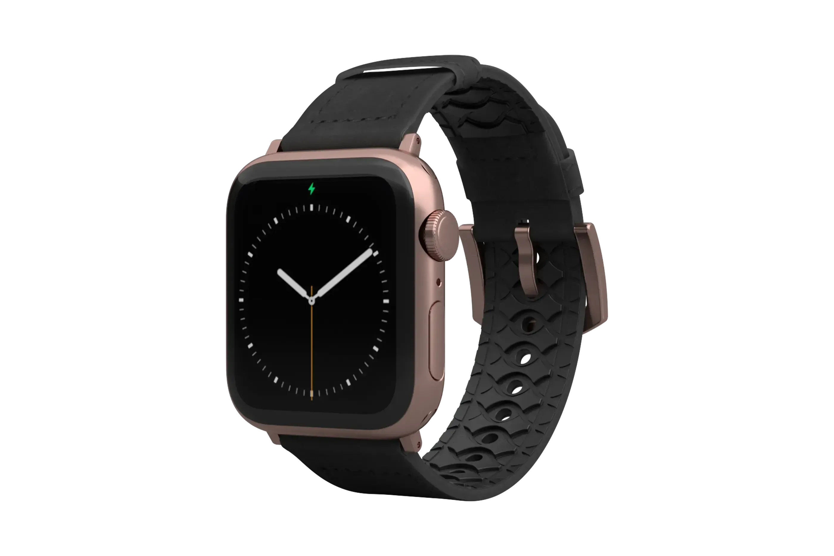Vulcan Obsidian Black Leather Apple Watch Band with rose gold hardware viewed front on
