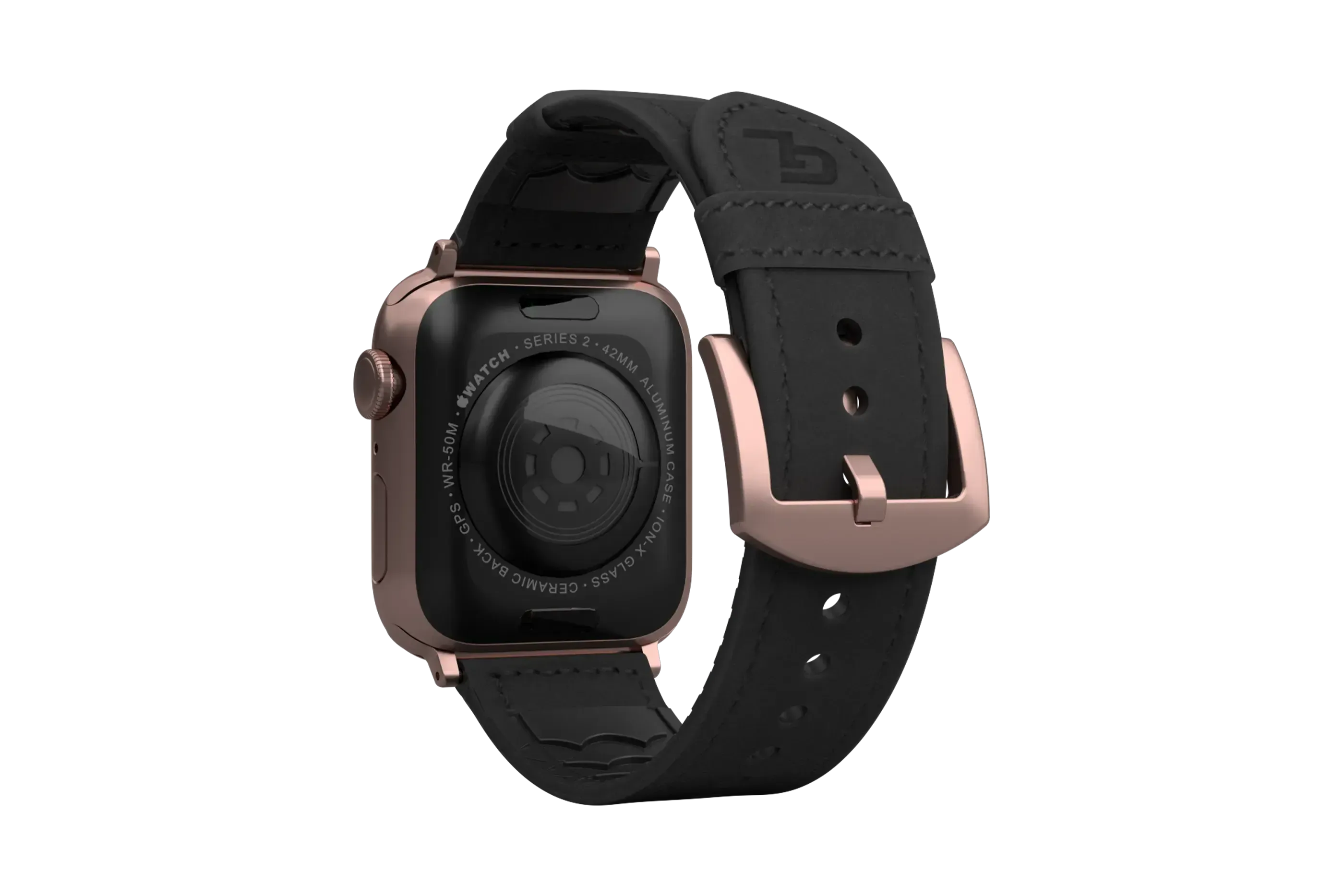 Vulcan Obsidian Black Leather apple watch band with rose gold hardware viewed from top down