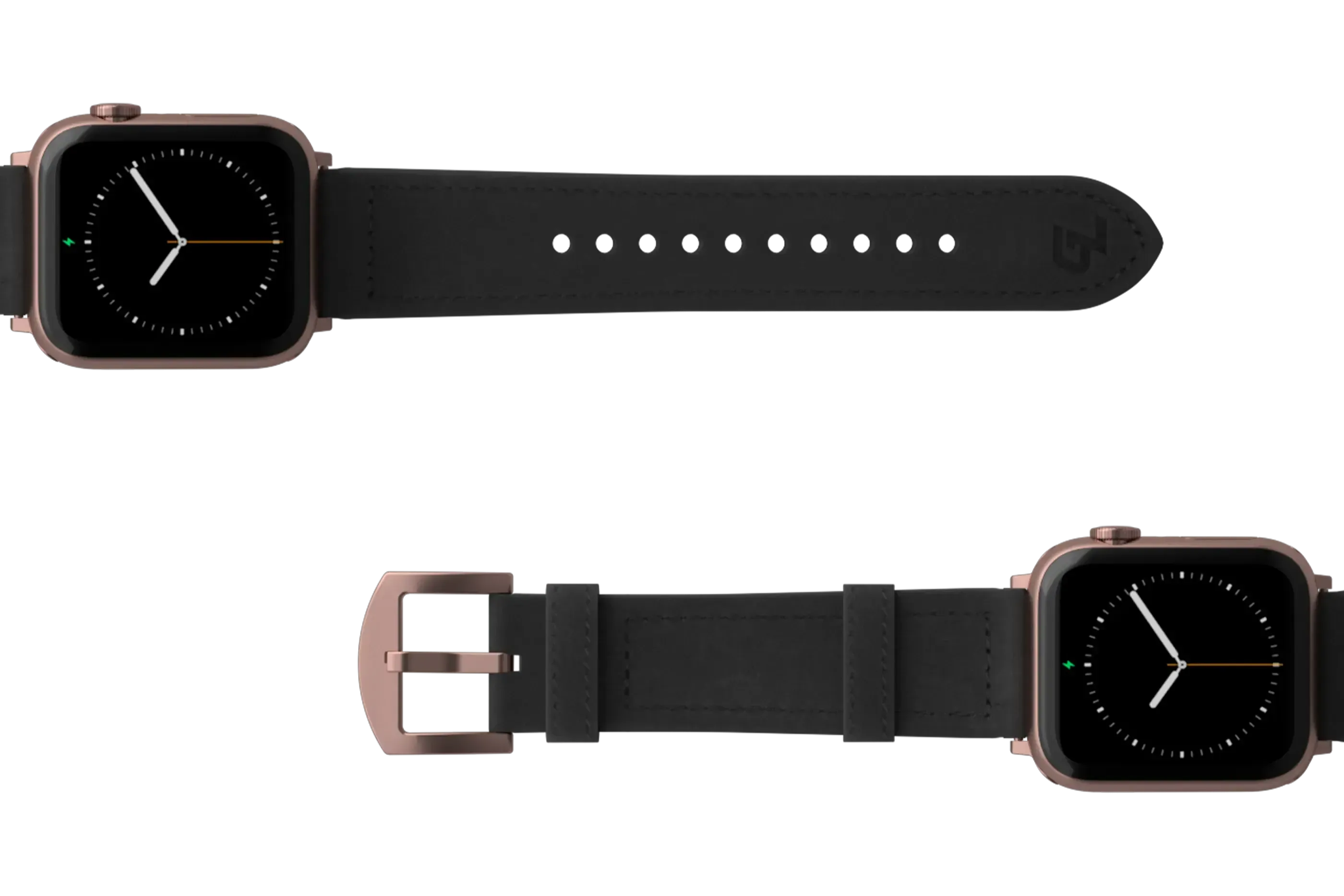Vulcan Obsidian Black Leather Apple watch band  with rose gold hardware viewed top down
