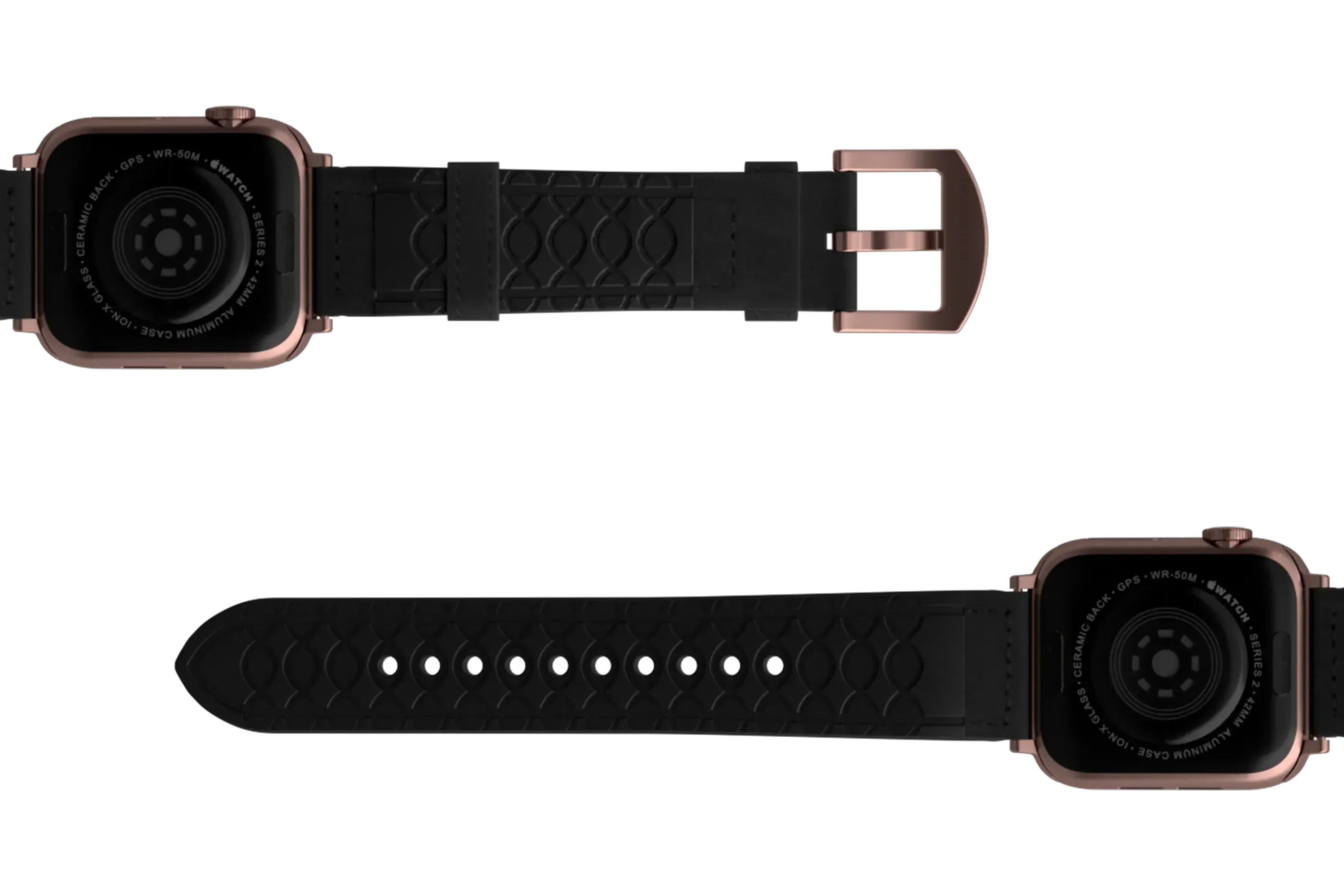 Vulcan Obsidian Black Leather Apple   watch band with rose gold hardware viewed bottom up