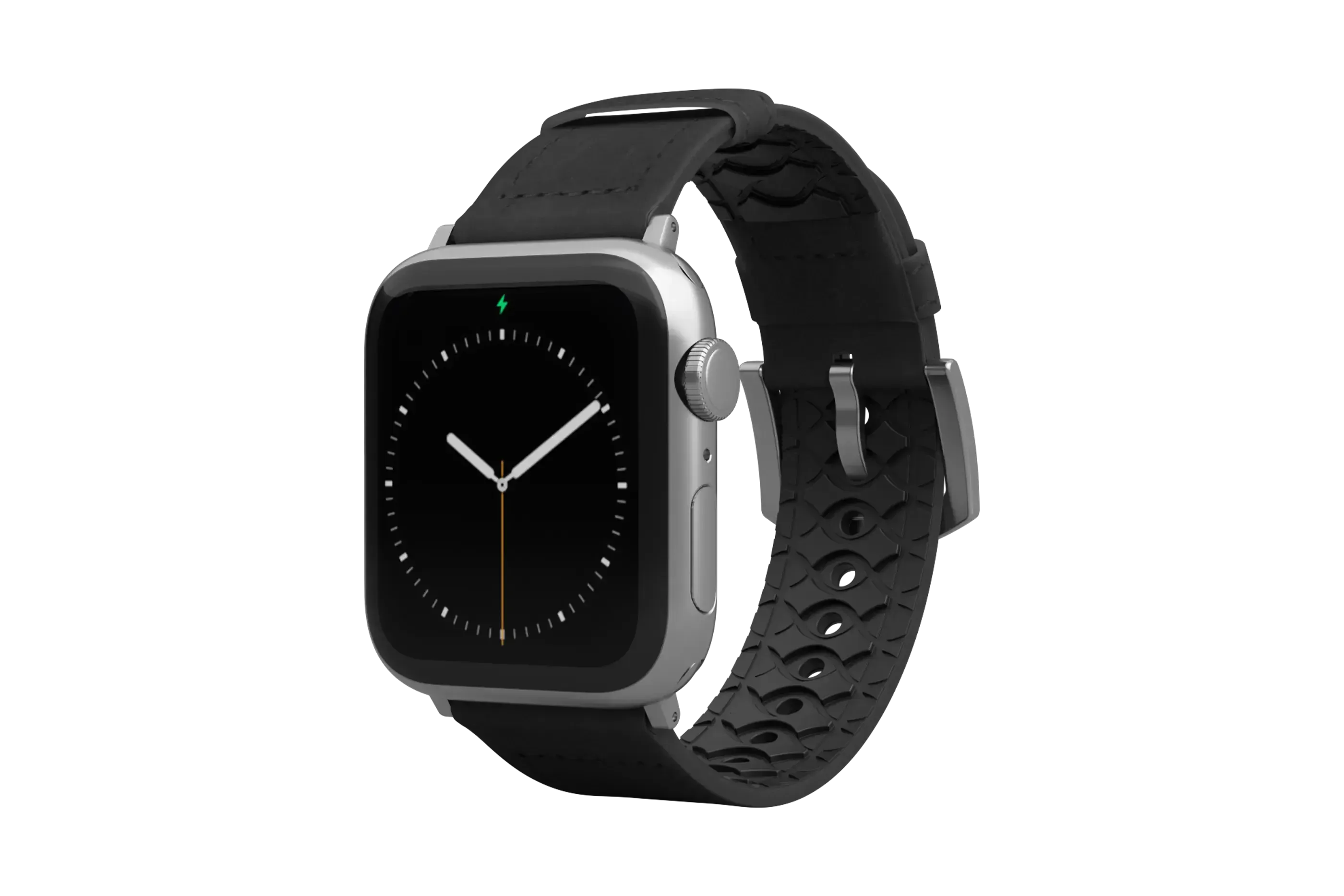 Vulcan Obsidian Black Leather Apple Watch Band with silver hardware viewed front on